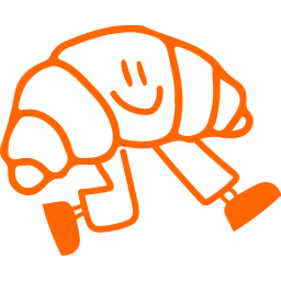 Orange cartoon croissant with a smiling face and limbs walking.