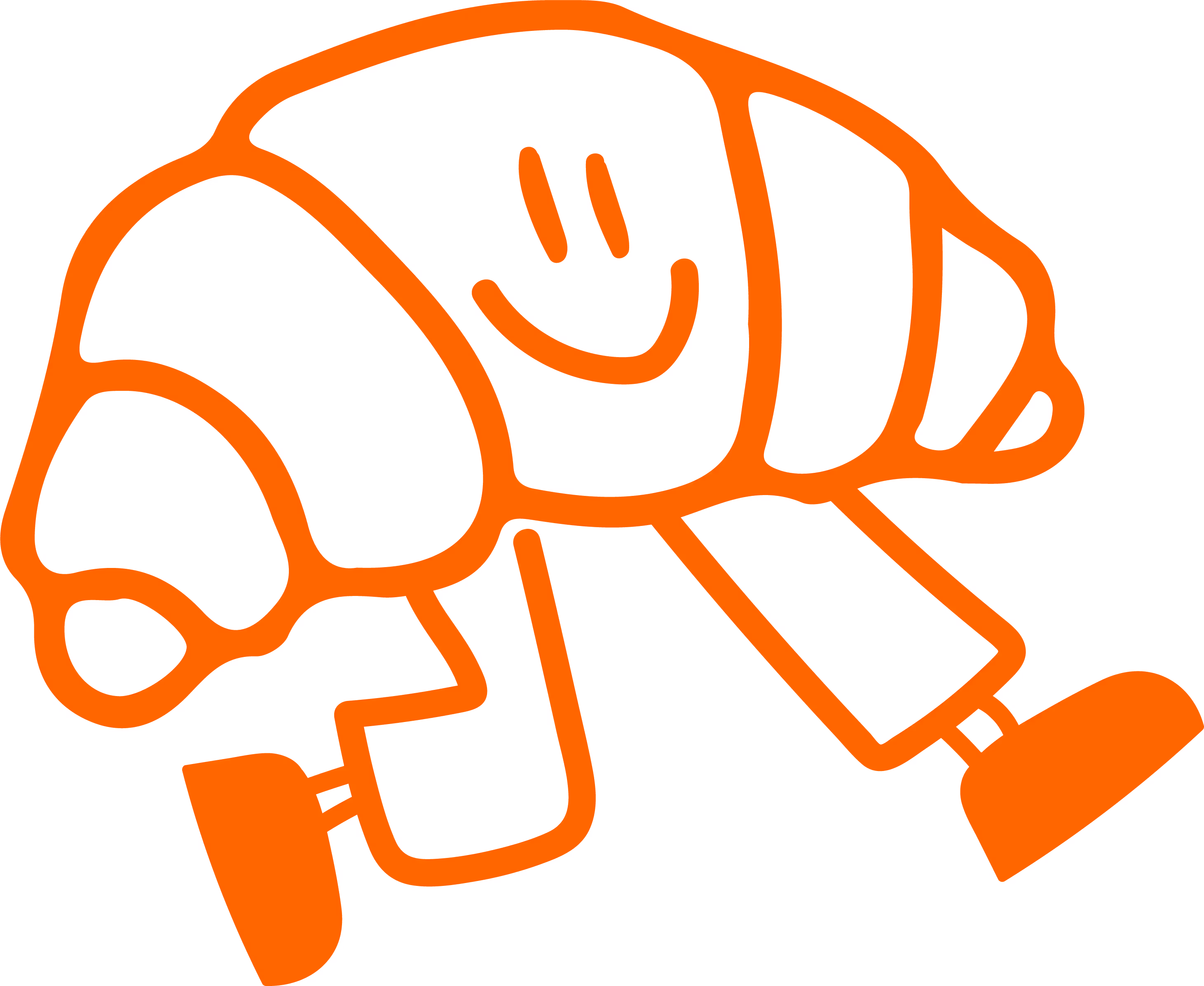 Orange line drawing of a happy croissant with arms and legs in a playful pose.