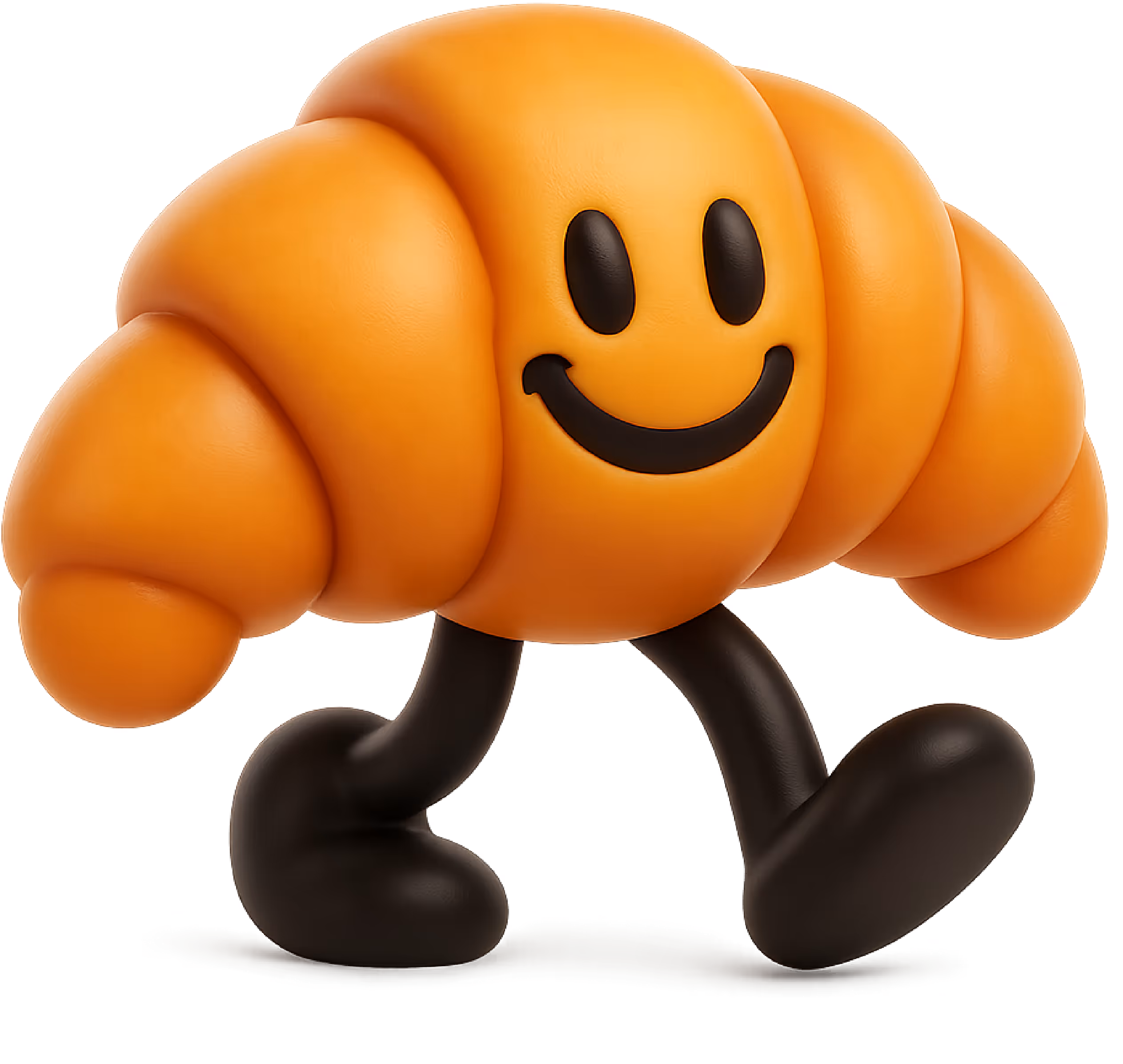 An orange cartoon croissant with a smiling face and black legs walking.