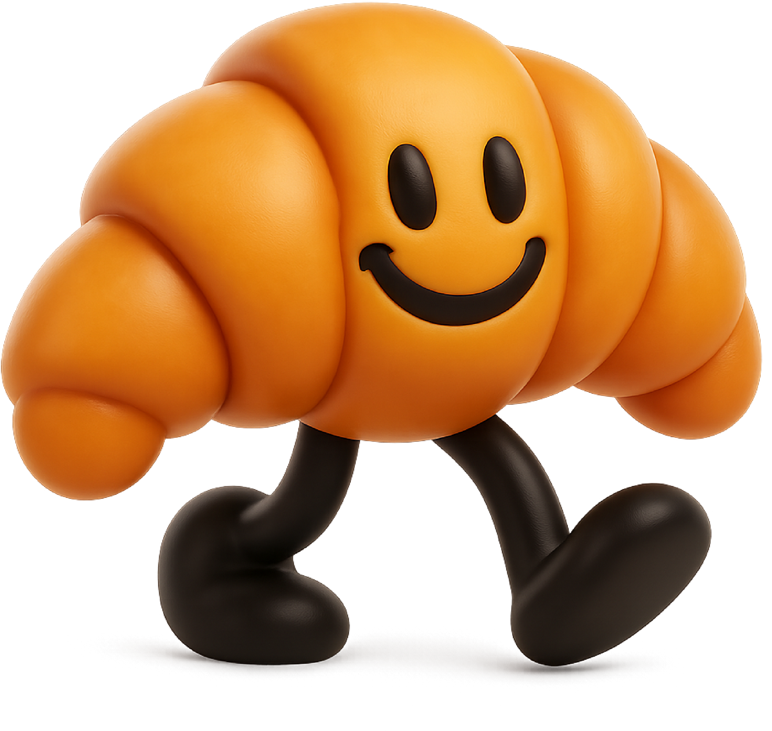 An orange cartoon croissant with a smiling face and black legs walking.