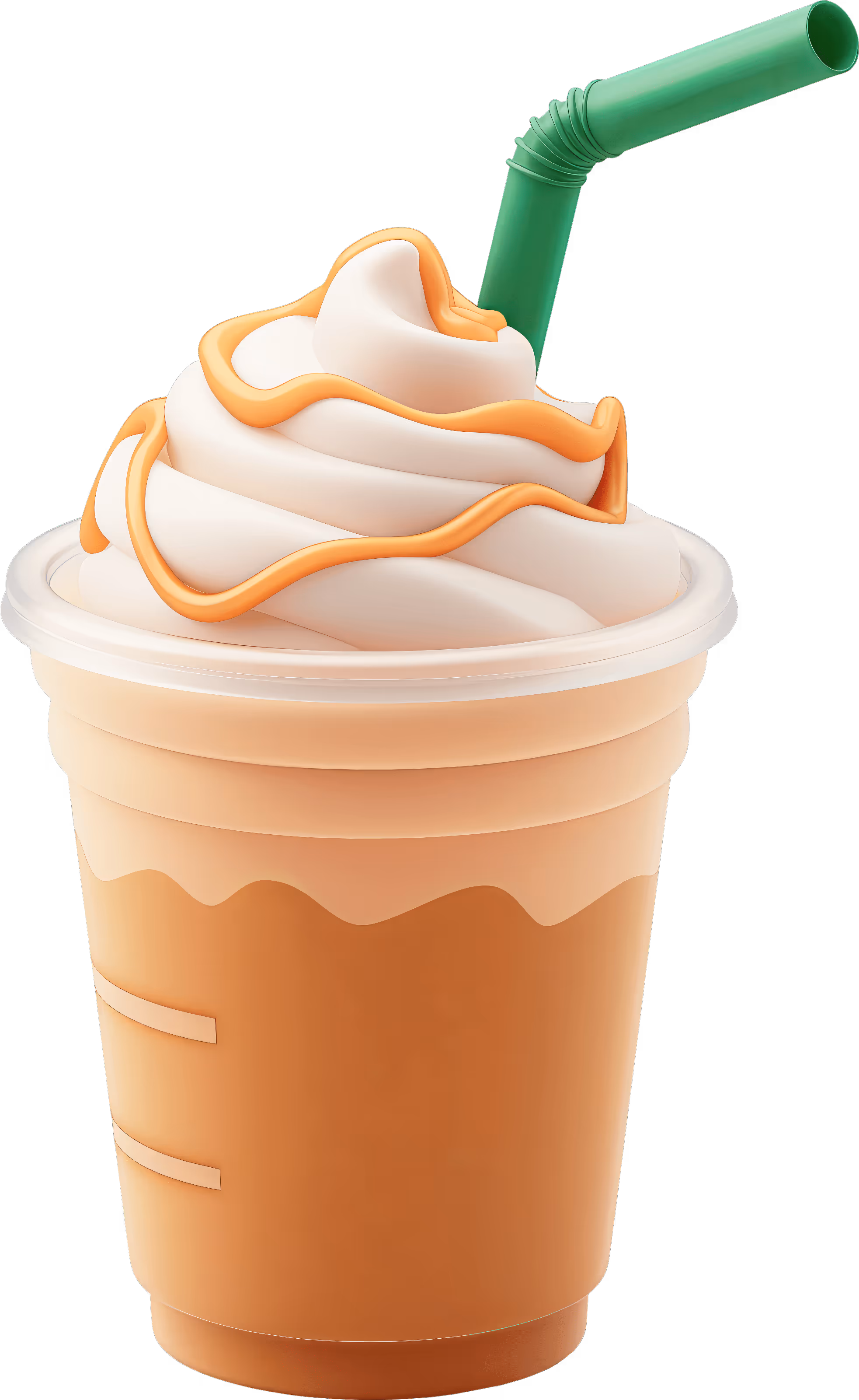 Iced coffee frappuccino with whipped cream and caramel drizzle in a clear plastic cup with a green bendable straw.