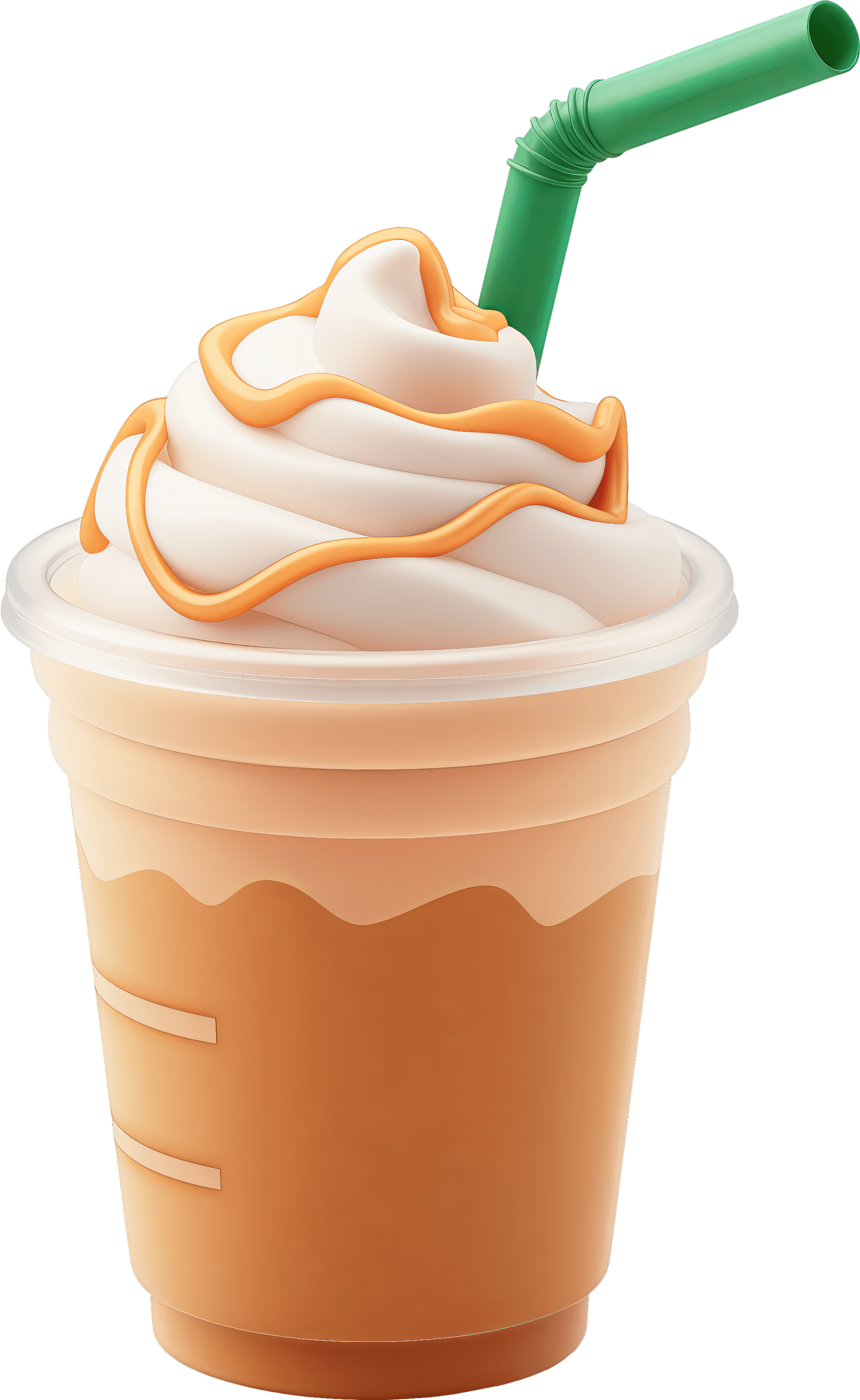 Iced coffee frappuccino with whipped cream and caramel drizzle in a clear plastic cup with a green bendable straw.