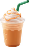 Iced coffee frappuccino with whipped cream, caramel drizzle, and a green straw in a plastic cup.
