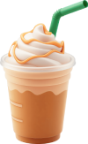 Iced coffee frappuccino with whipped cream, caramel drizzle, and a green straw in a plastic cup.