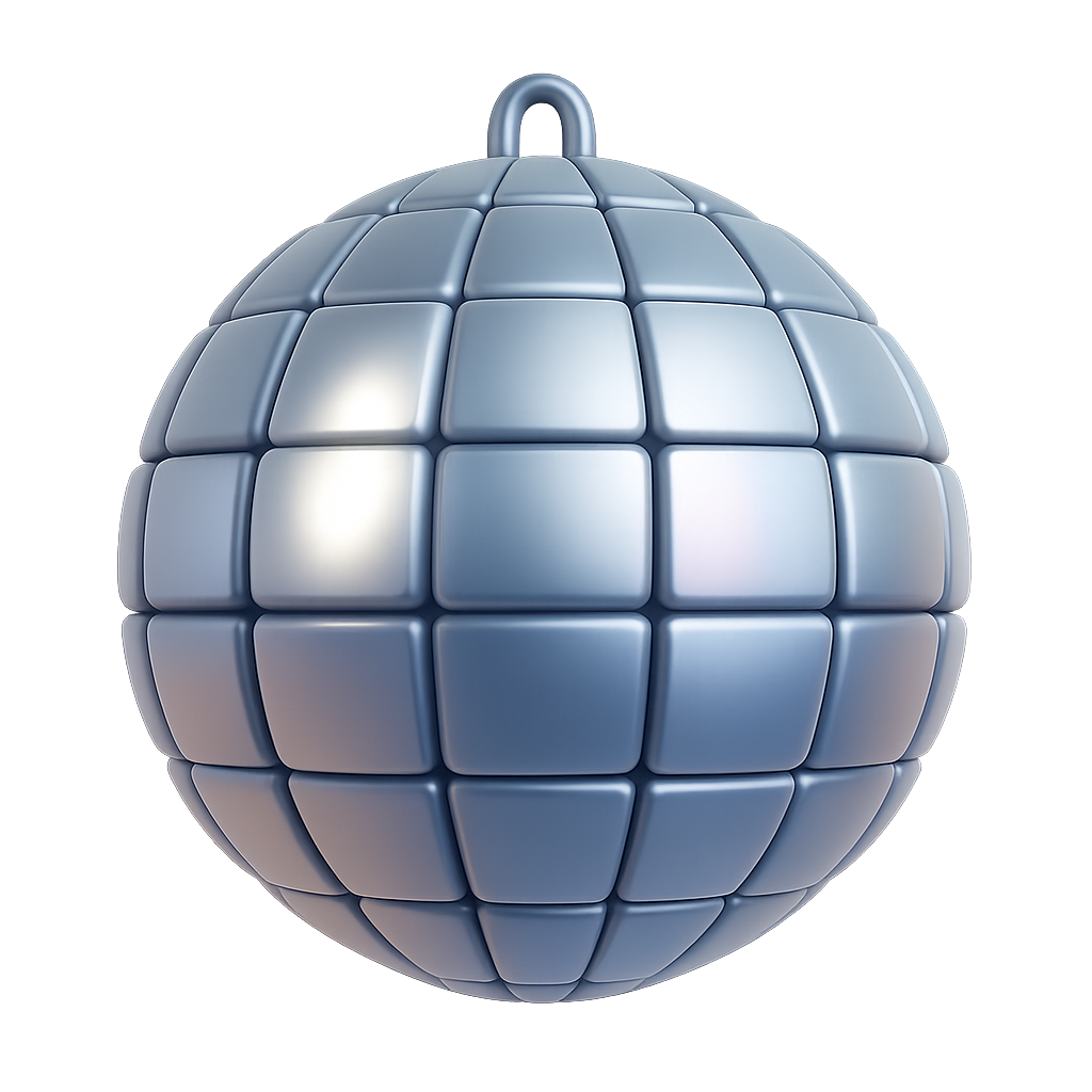 Shiny silver disco ball with rounded square mirror tiles against a dark gradient background.