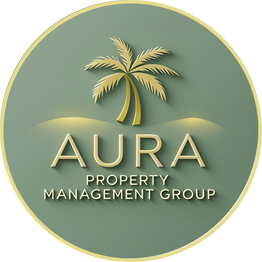 Gold palm tree above the text 'AURA Property Management Group' on a green circular background.