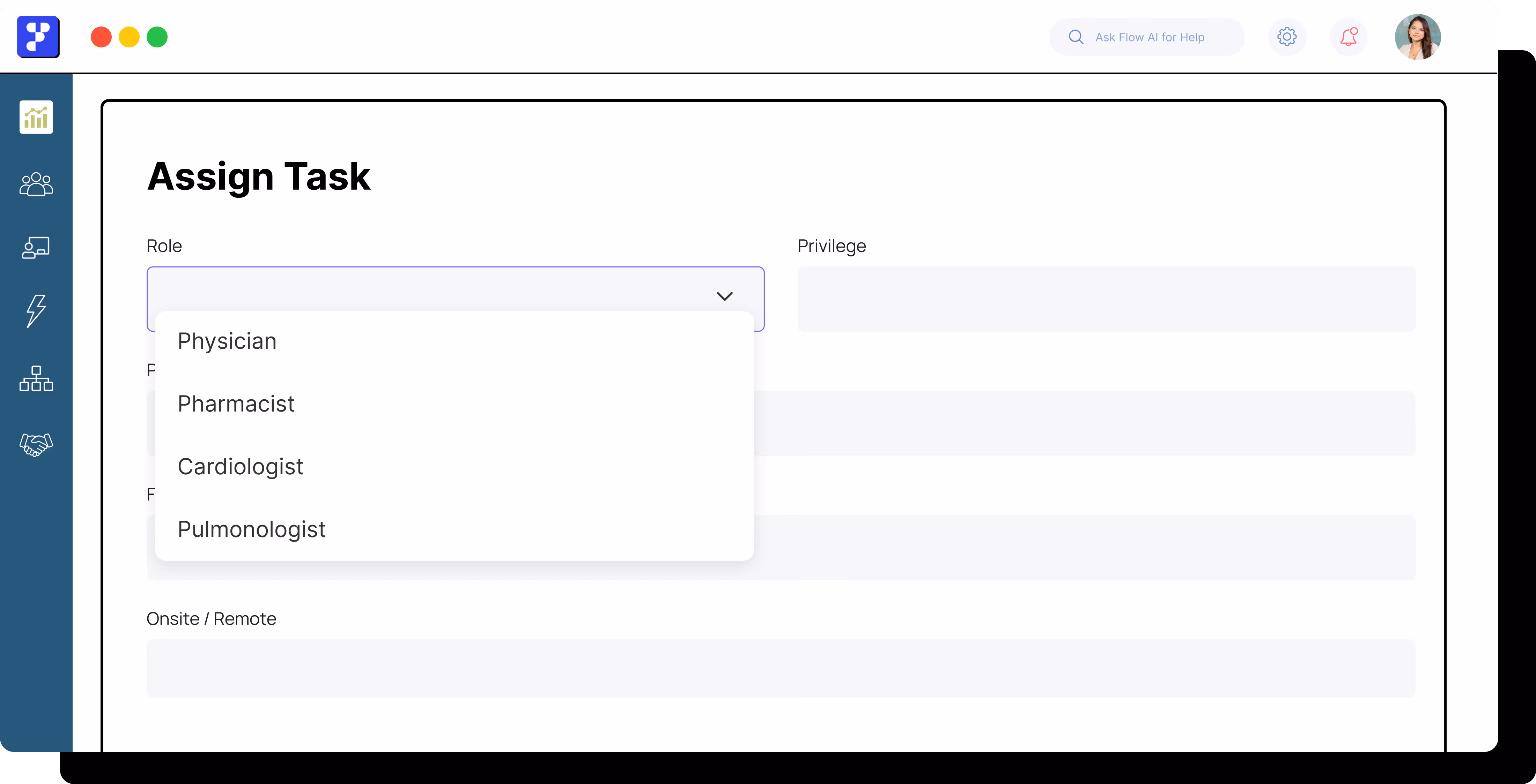 User interface screen titled 'Assign Task' showing a dropdown menu with role options: Physician, Pharmacist, Cardiologist, Pulmonologist.