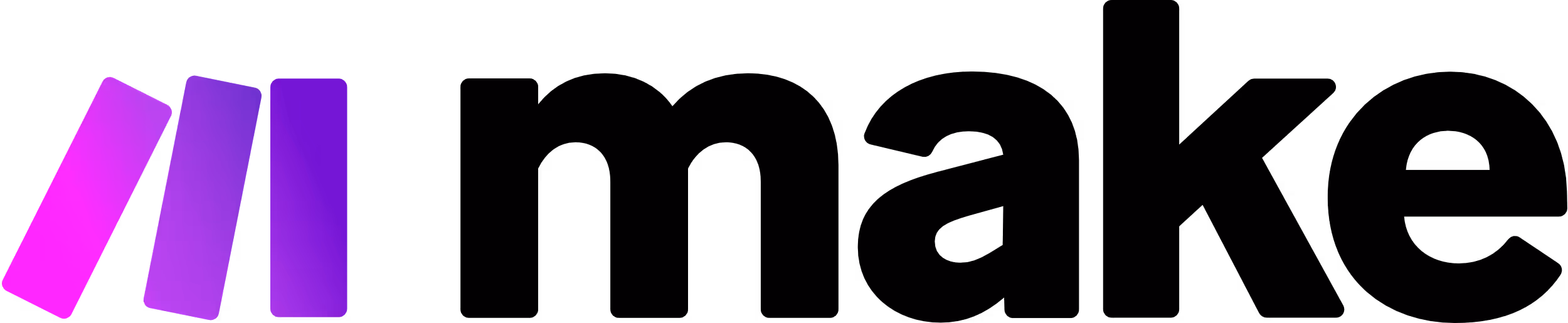 MAKE company logo with three vertical bars in gradient shades of pink to purple followed by the word 'MAKE' in bold black uppercase letters.