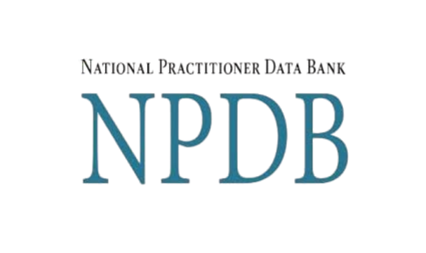 Text stating National Practitioner Data Bank above large blue letters NPDB.