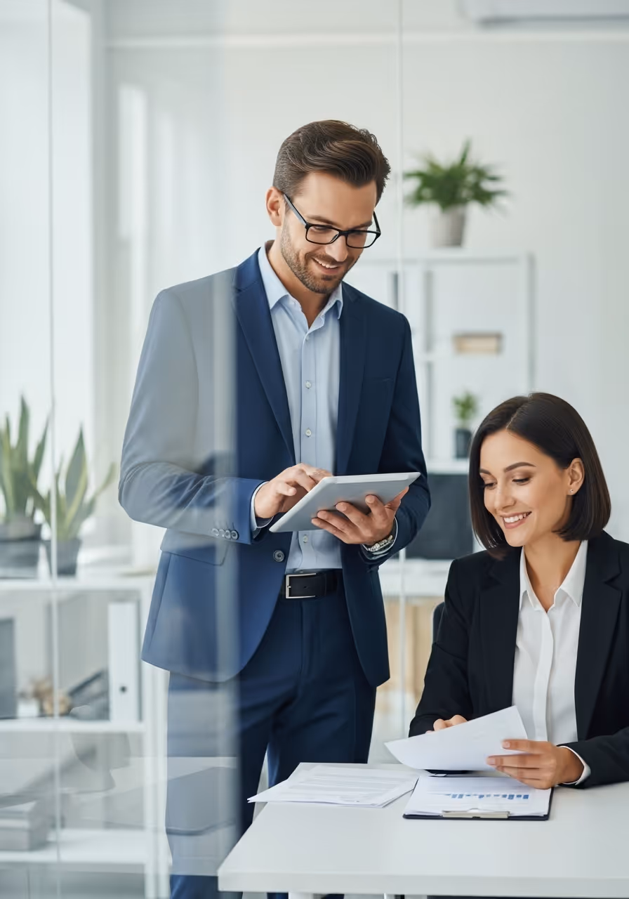 Smiling man in blue suit using tablet while woman in black blazer reviews documents at white desk in office.