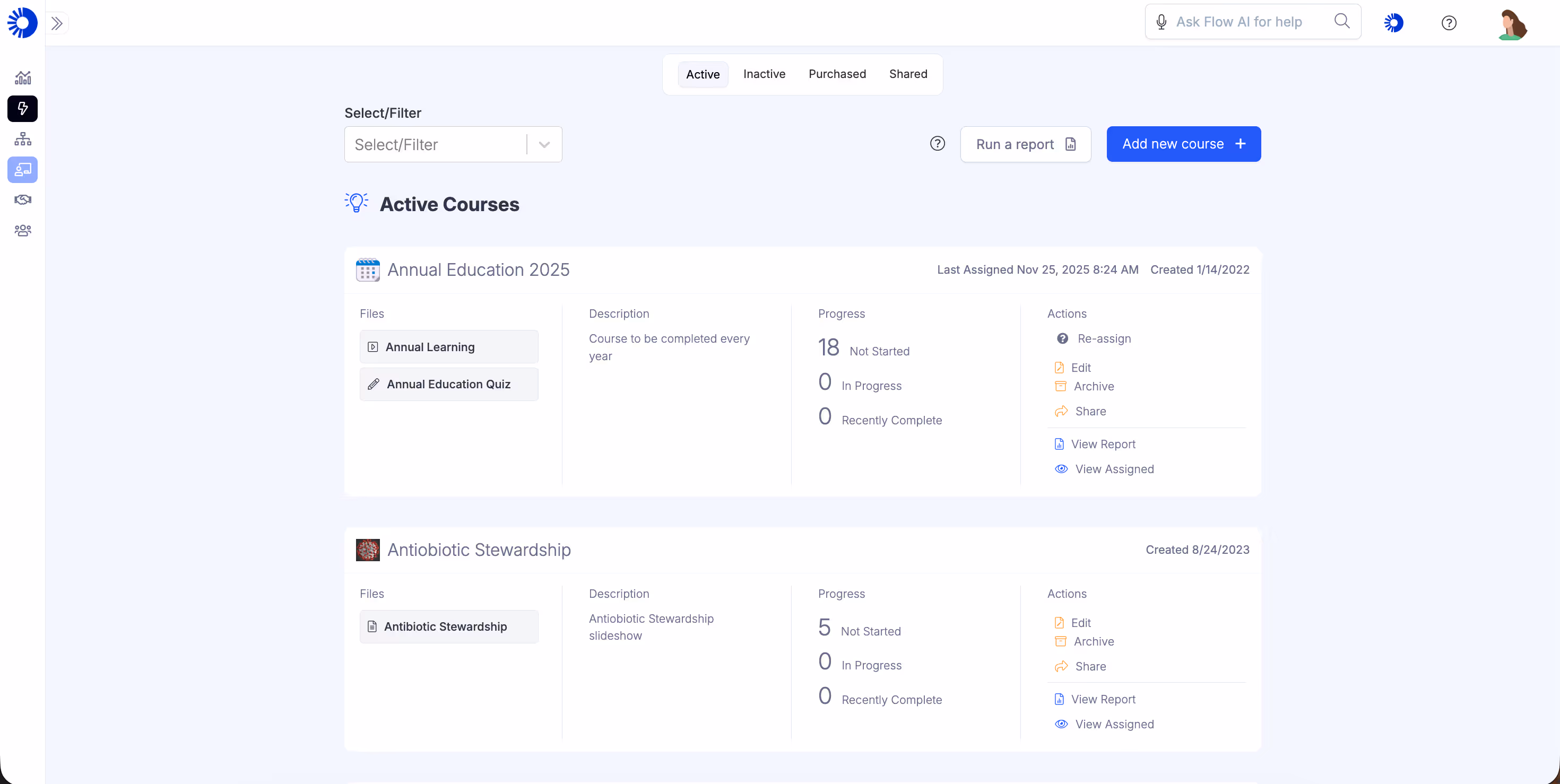 Training LMS dashboard displaying Active Courses: Annual Education 2025 with 18 not started and Antibiotic Stewardship with 5 not started courses, showing files, descriptions, progress, and actions.