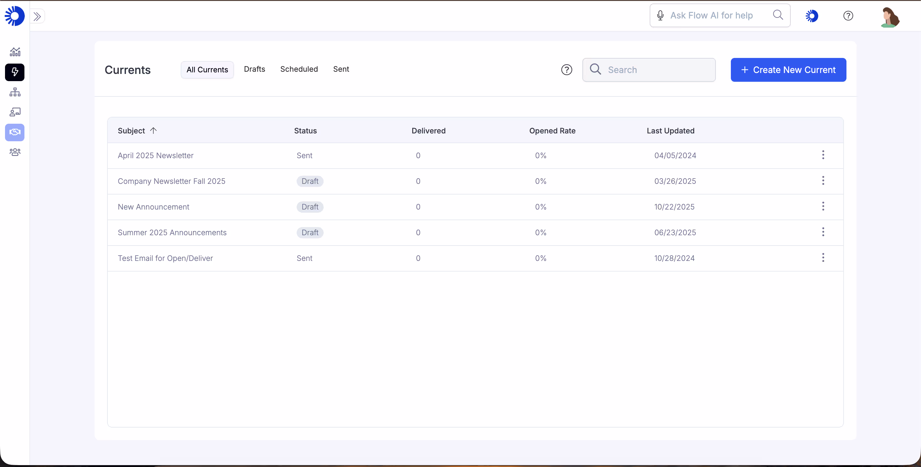 Dashboard interface showing a list of emails with columns for subject, status, delivered count, opened rate, and last updated date, with statuses including Sent and Draft.