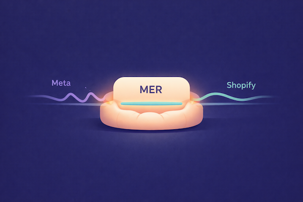 Illustration montrant la connexion entre Meta Ads et Shopify pour calculer le MER (Marketing Efficiency Ratio) et surveiller la rentabilité publicitaire.