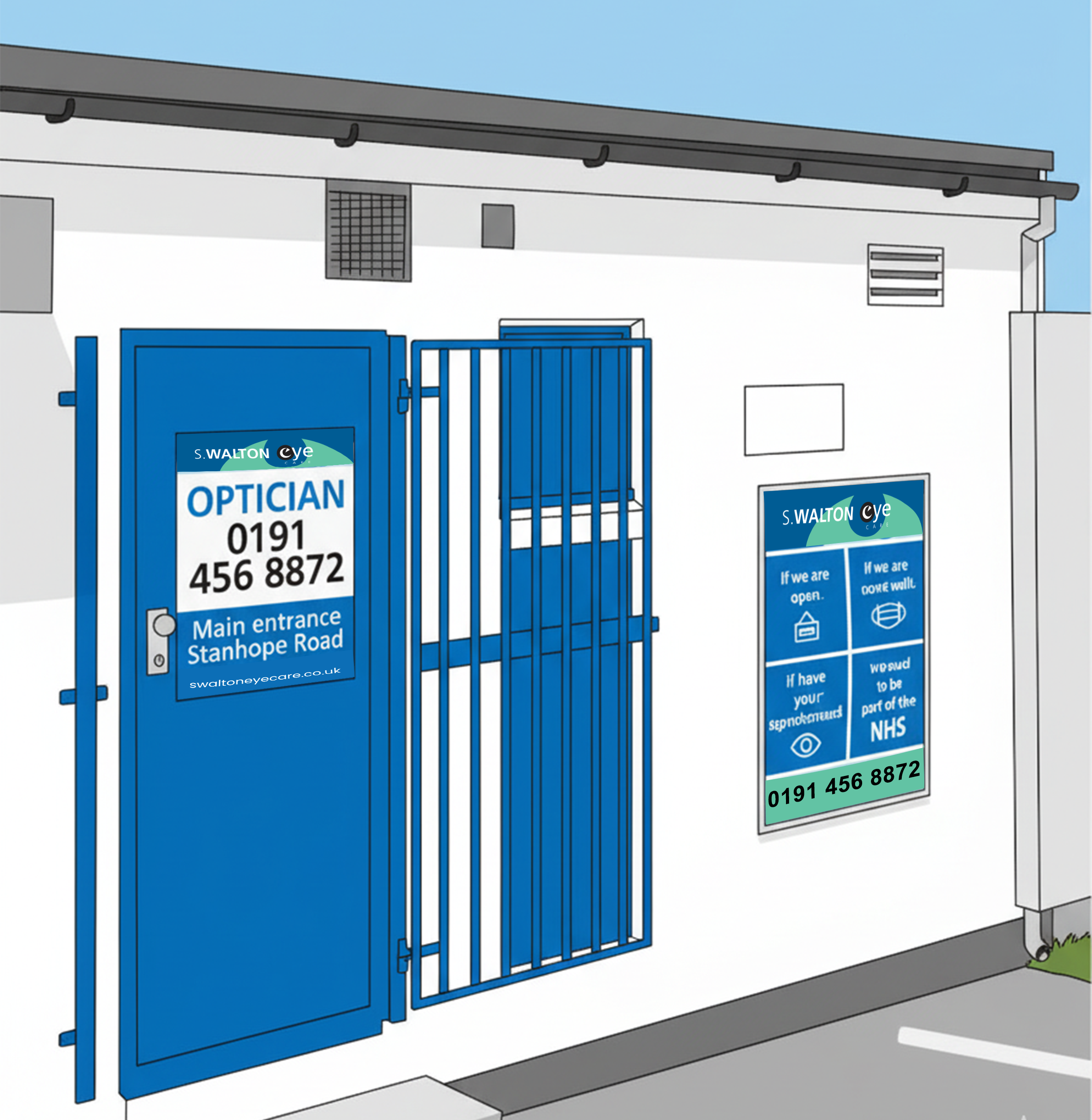S. Walton Eye optician storefront with blue doors and signage on white building.