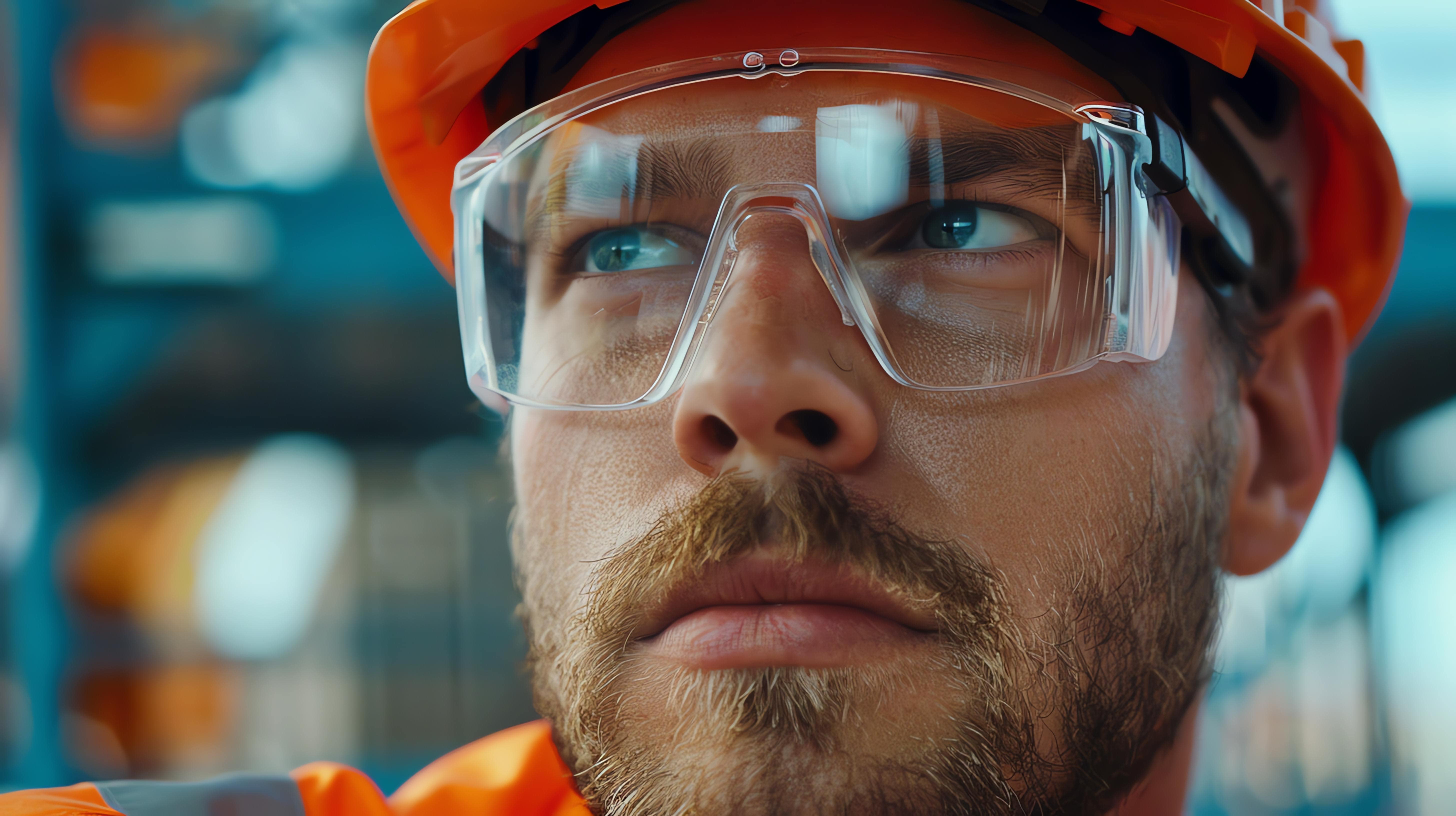 Bearded worker wearing orange hard hat and safety glasses on industrial site