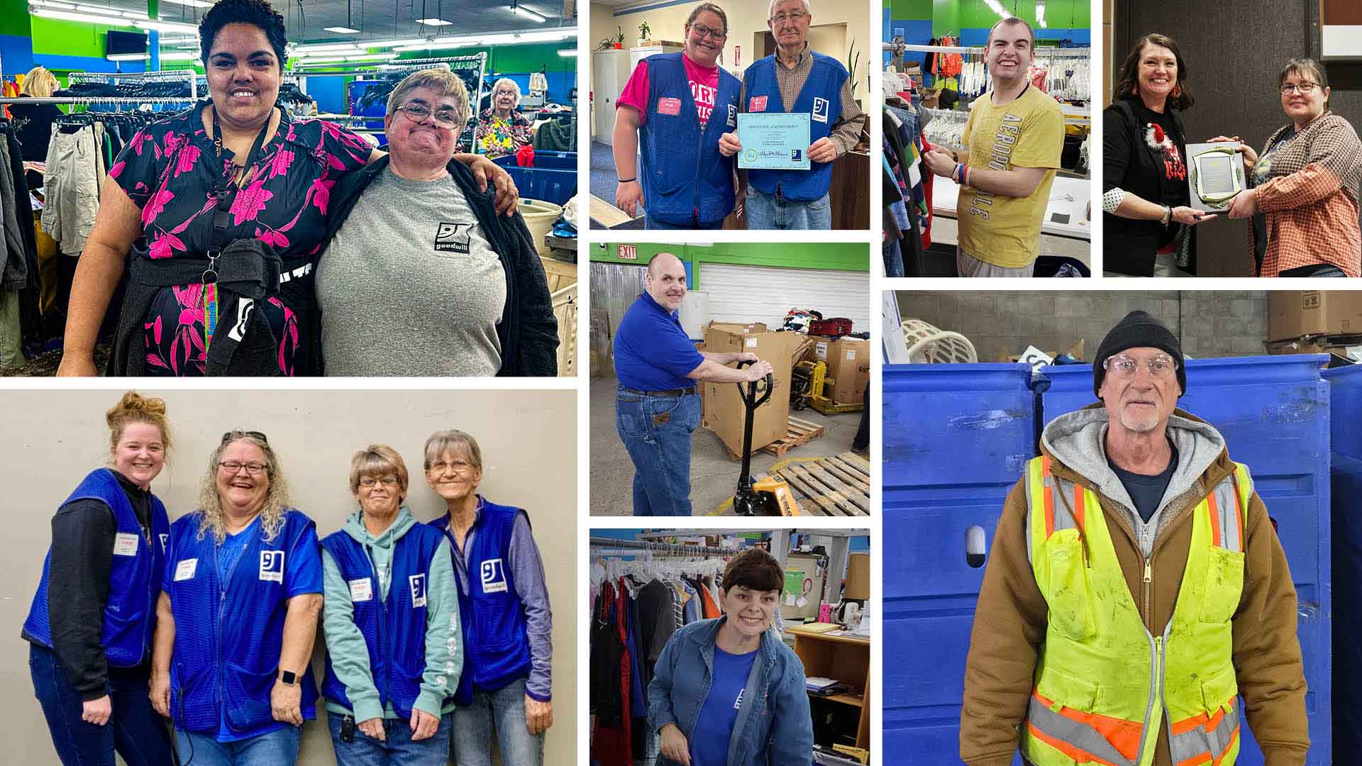 Collage of diverse Goodwill employees smiling and working in various retail and warehouse settings.
