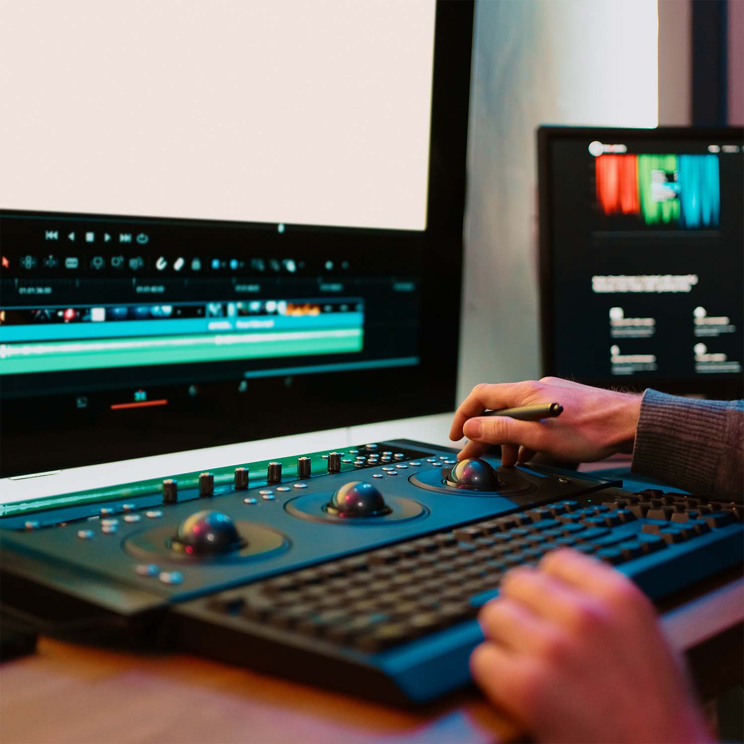 Hand gebruikt een kleurcorrectiemixer met trackball en knoppen naast een toetsenbord en een monitor met videobewerkingssoftware.
