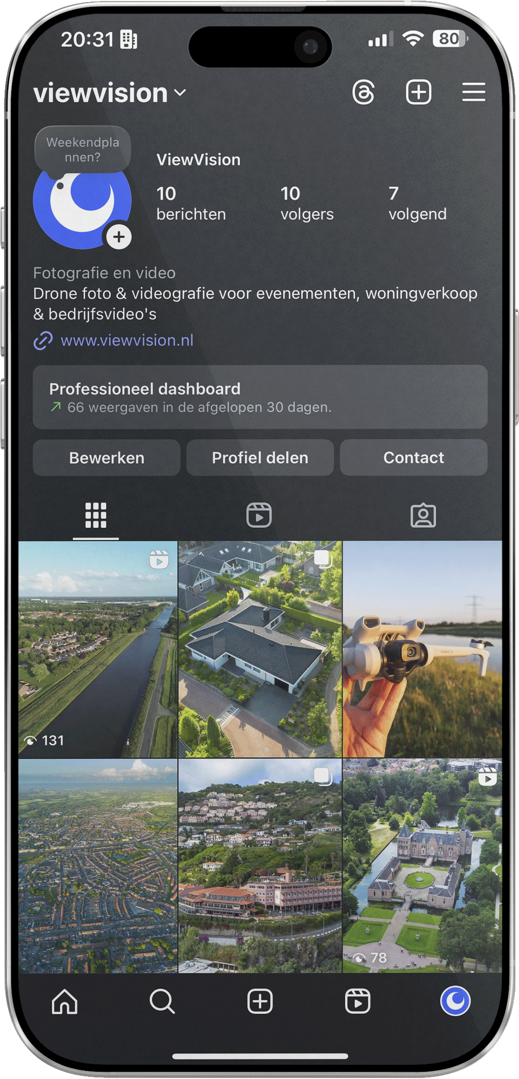 Instagram-profiel van ViewVision met 10 berichten, 10 volgers, 7 volgend, gespecialiseerd in dronefoto's en bedrijfsvideo's, met voorbeeldfoto's van luchtbeelden en een drone.