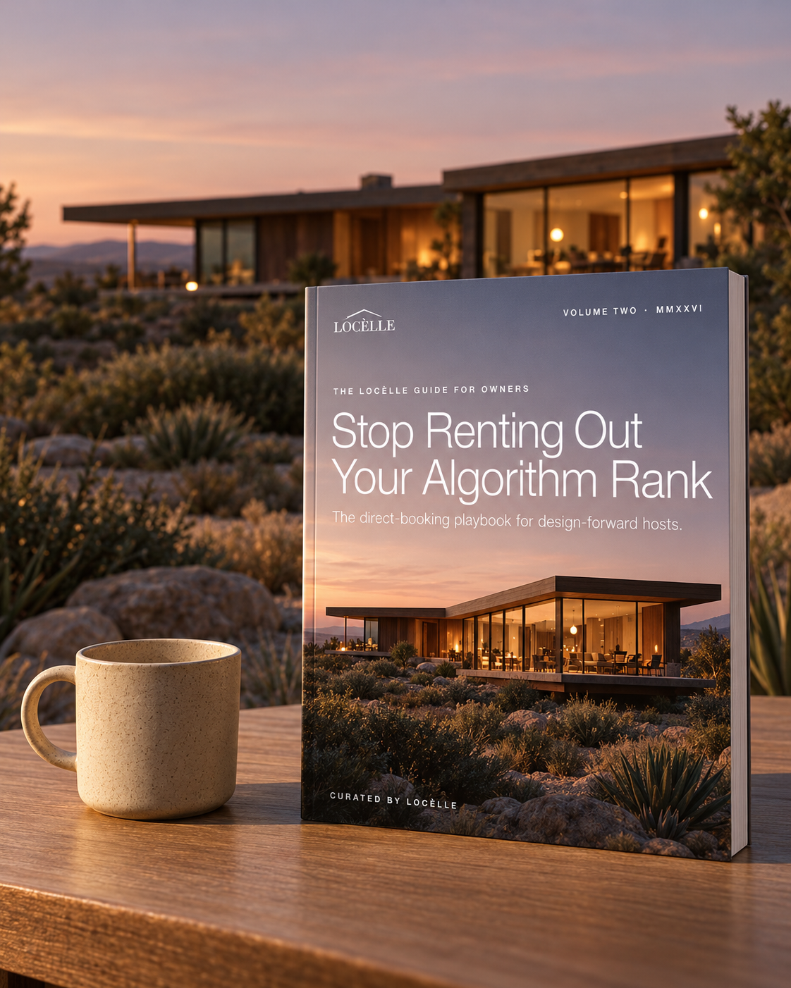 The Locèlle owner guide, Stop Renting Out Your Algorithm Rank, standing on a wooden table beside a mug, with a modern desert house glowing at golden hour behind it