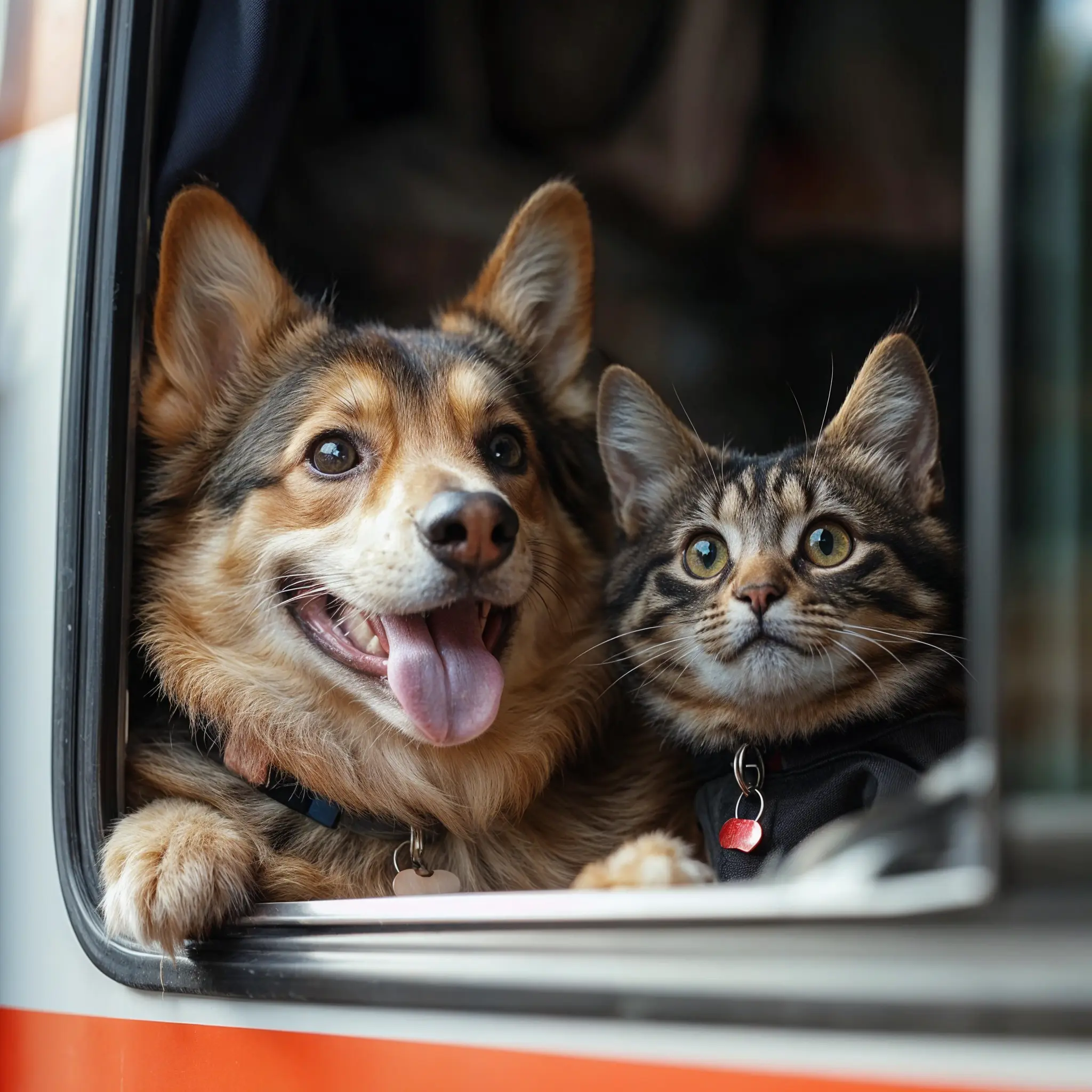 Dog and cat looking behing windows