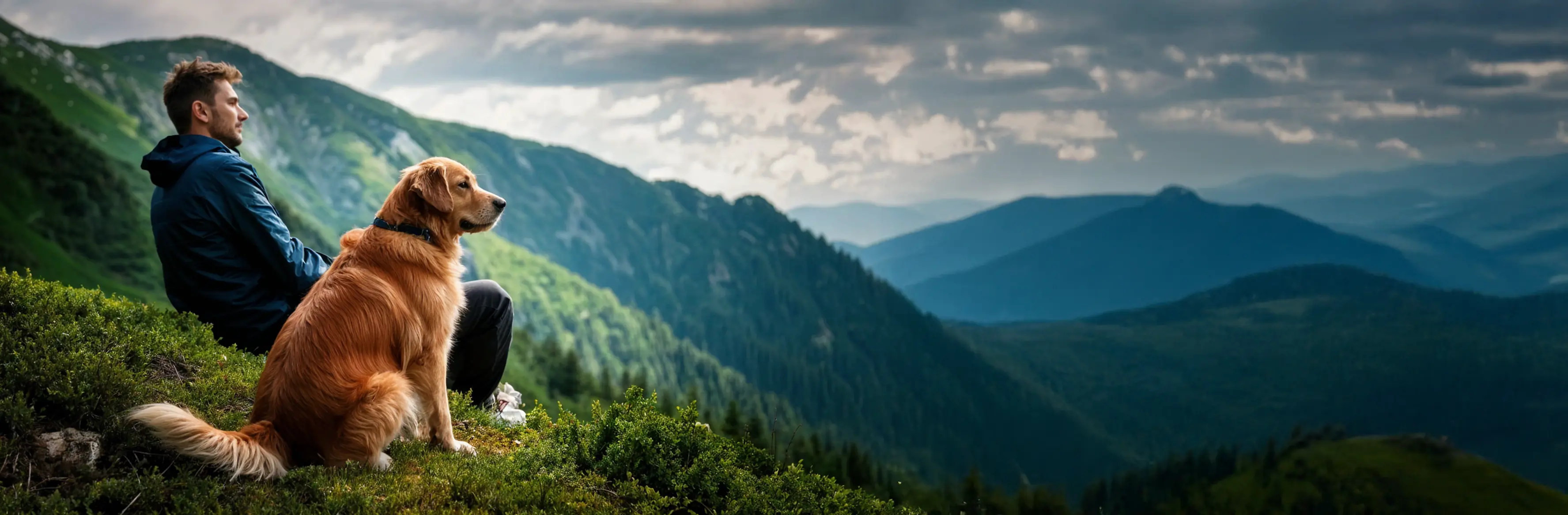 Un homme assis sur une colline à côté d'un chien golden retriever, regardant un paysage de montagnes sous un ciel nuageux.