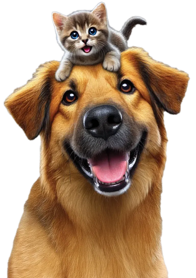 Un chien souriant avec un petit chaton joyeux assis sur sa tête.