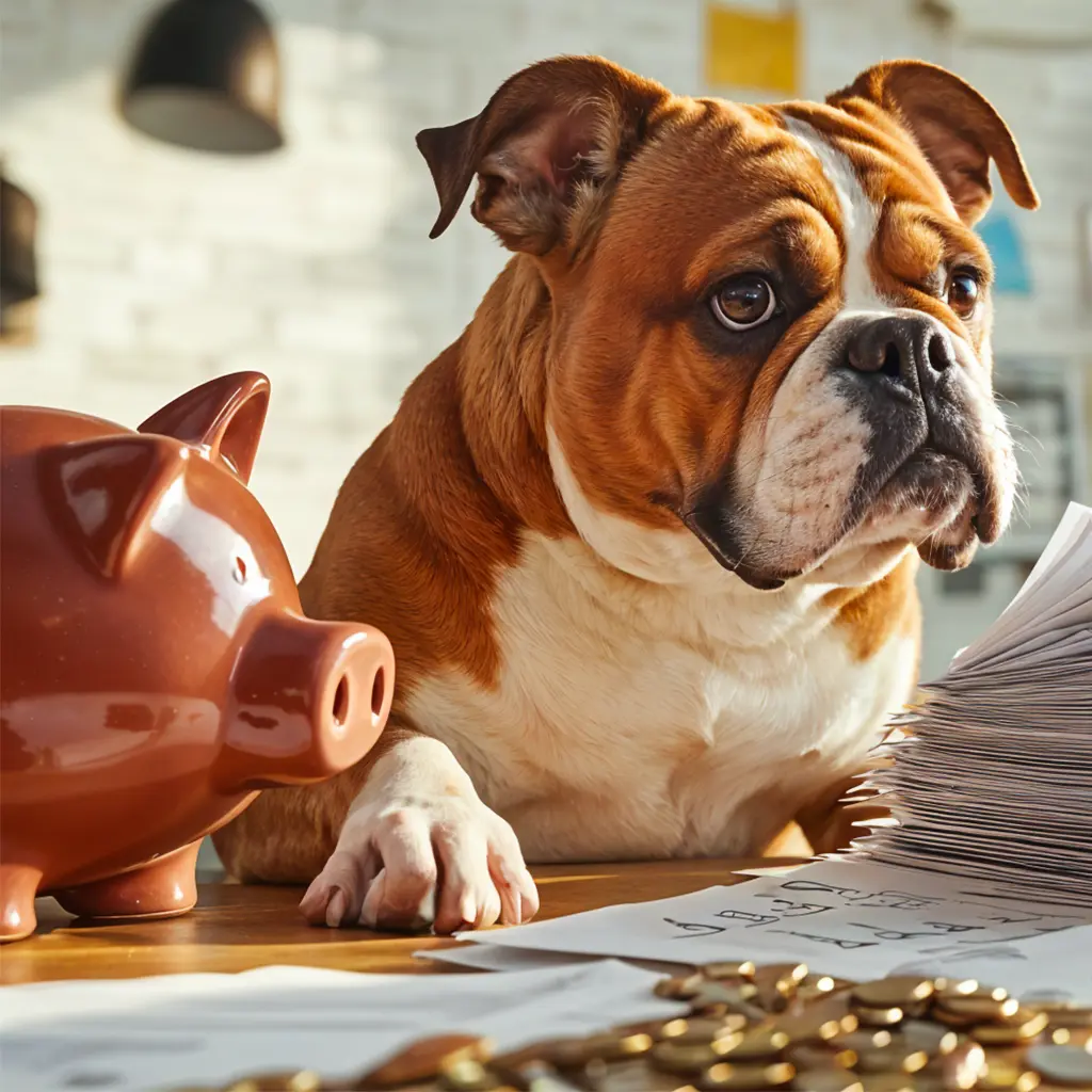 Un bouledogue brun et blanc assis à une table avec une tirelire en forme de cochon, des pièces de monnaie et une pile de documents.