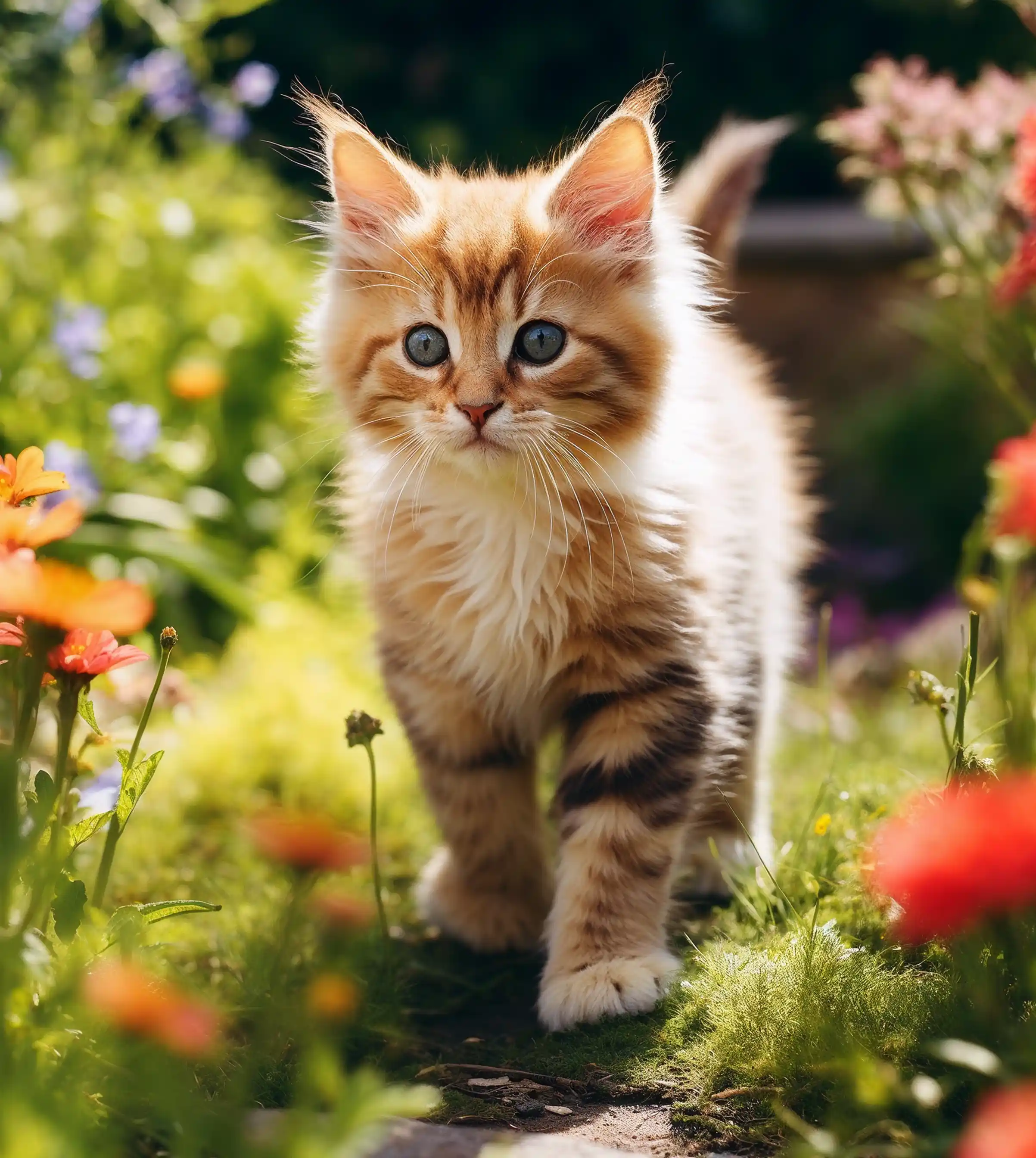 Chaton roux marchant dans un jardin fleuri au soleil.