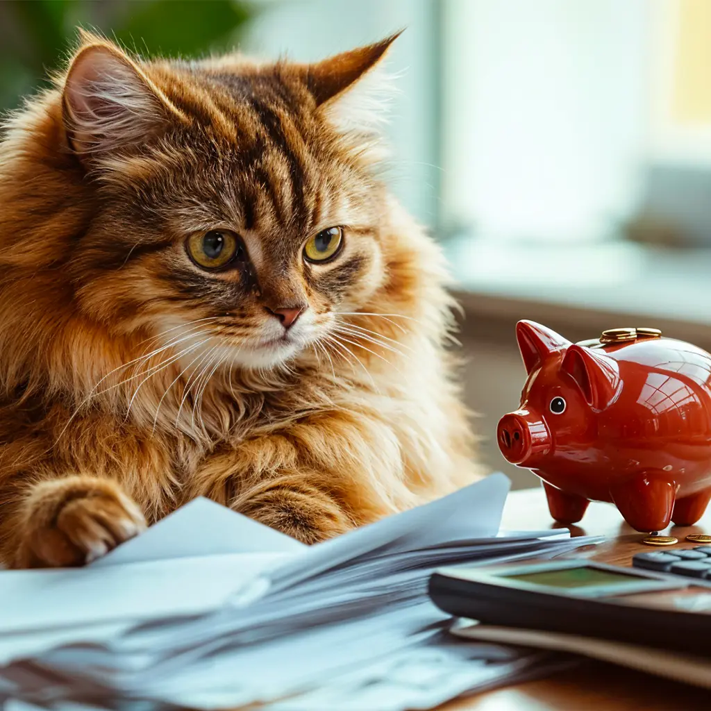 Chat brun à poils longs regardant une tirelire cochon rouge parmi des papiers et une calculatrice sur une table.