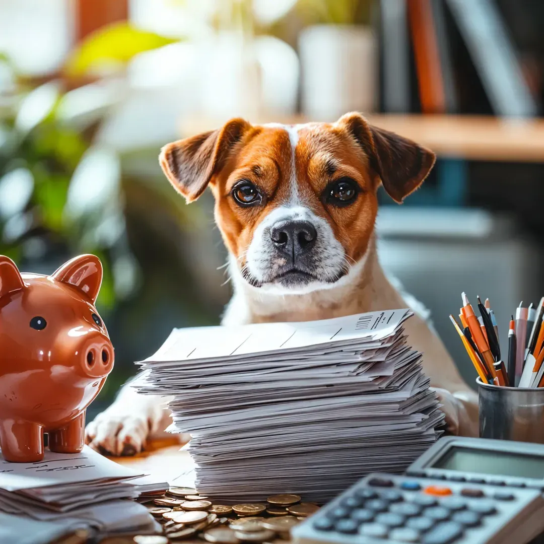 Chien assis derrière une pile de papiers, une tirelire cochon à gauche, des pièces de monnaie étalées, des crayons dans un pot et une calculatrice au premier plan.