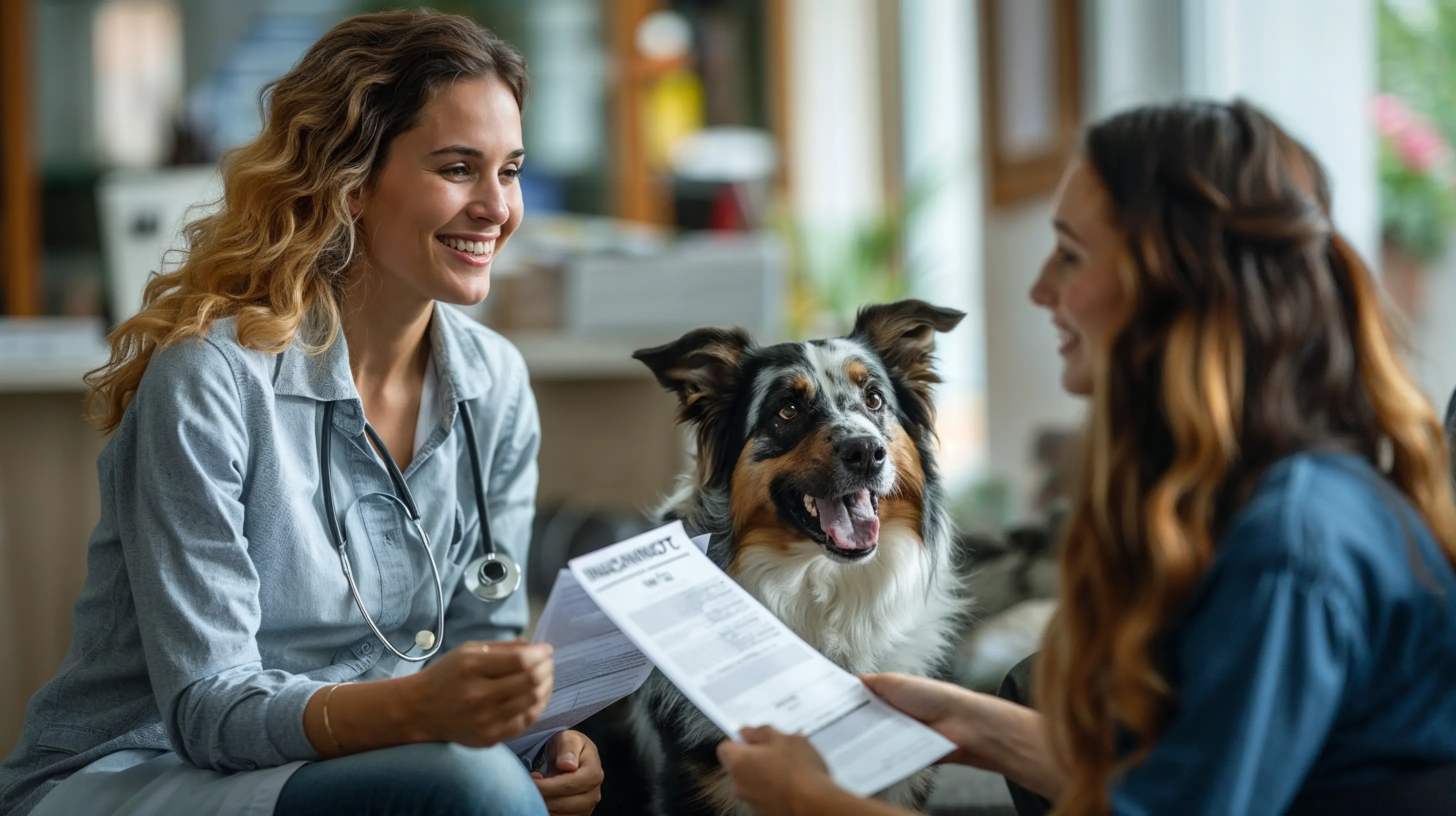 Une vétérinaire souriante discute avec une femme tenant des documents, un chien au pelage noir, blanc et marron les regardant.