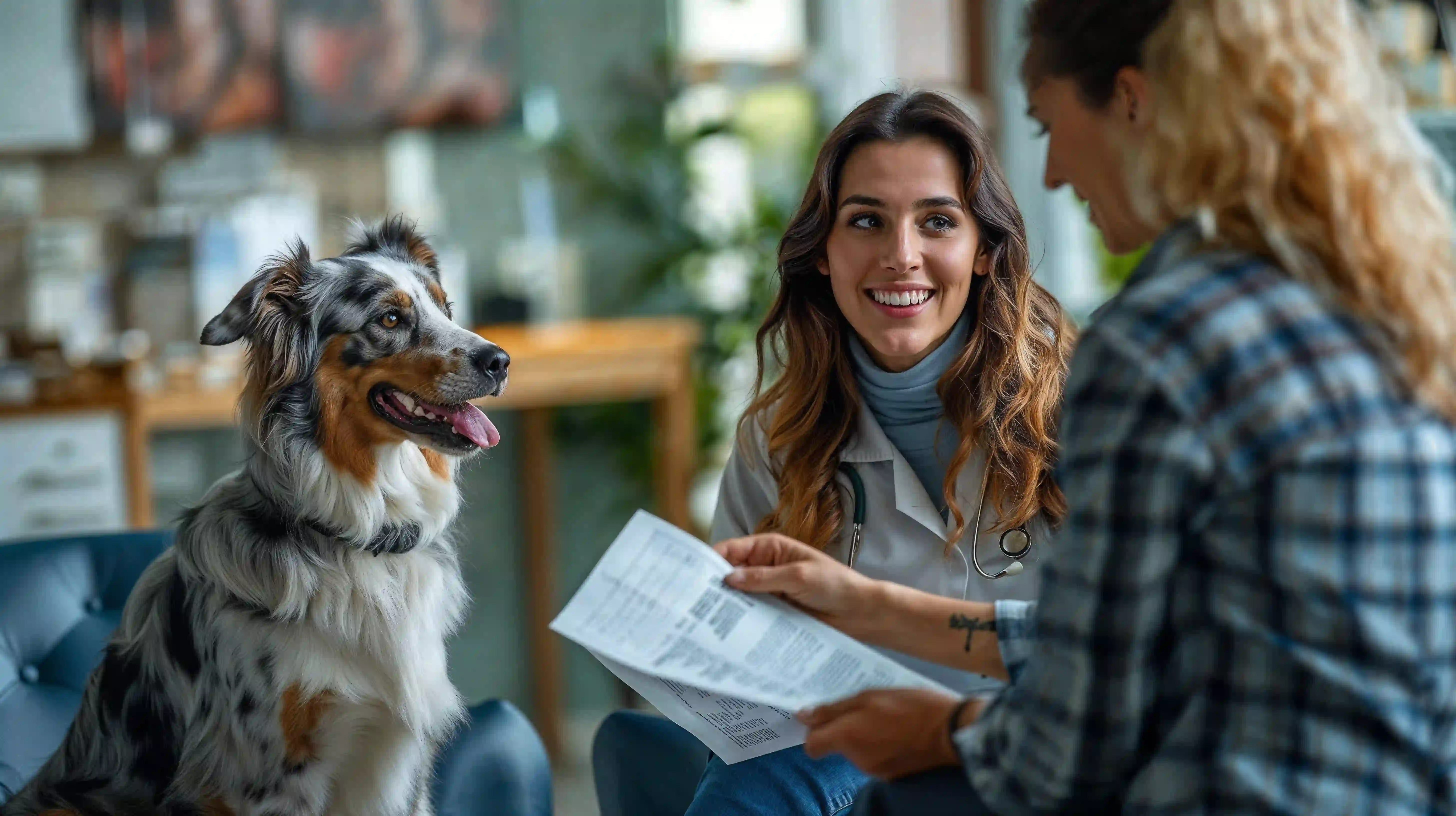 Une vétérinaire souriante parle avec une cliente tenant des documents, un chien tricolore assis à côté d'elles.