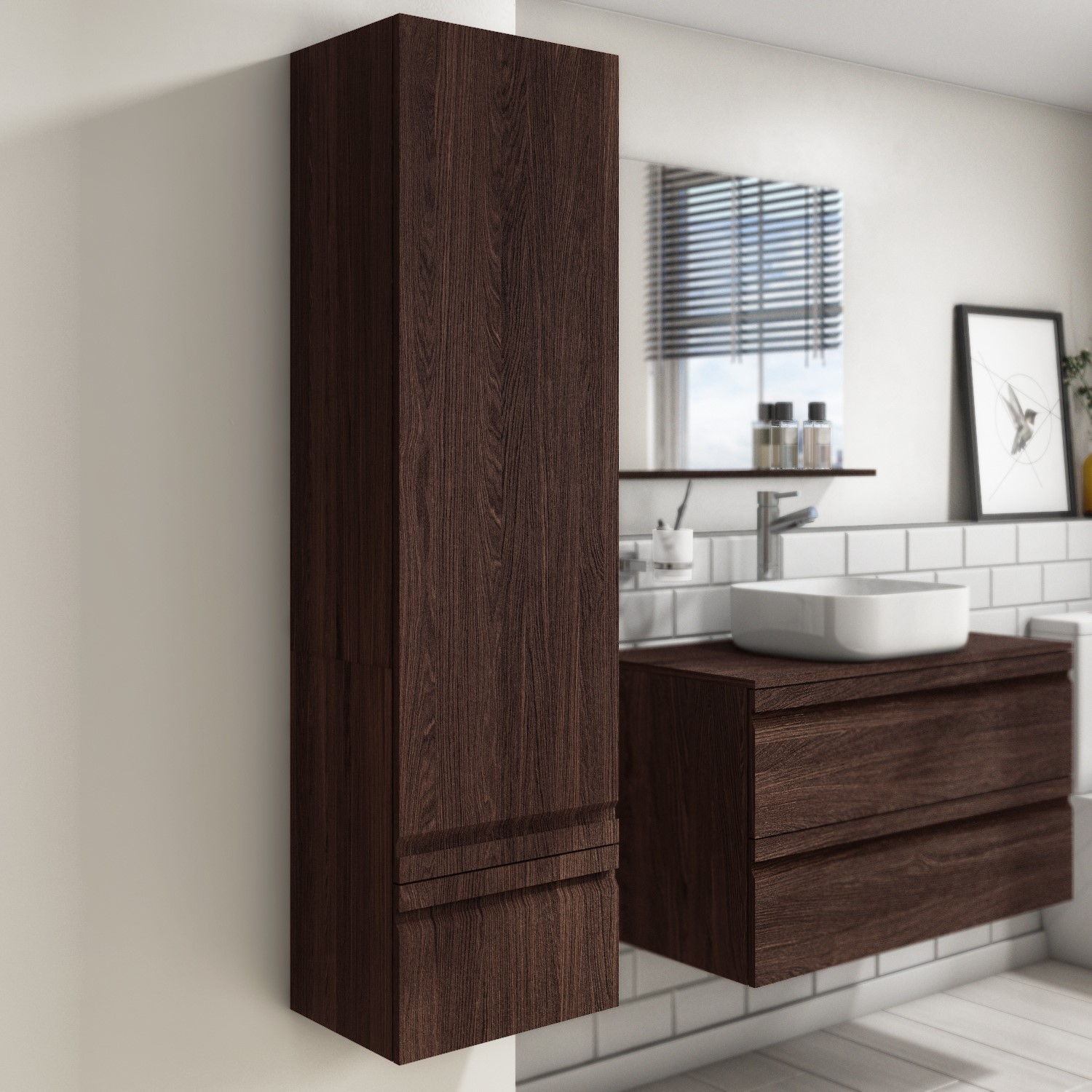 GRADE A2 - Dark Wood Effect Wall Mounted Tall Bathroom Cabinet 400mm -  Boston 78194414/1/BeBa_17579 | Appliances Direct