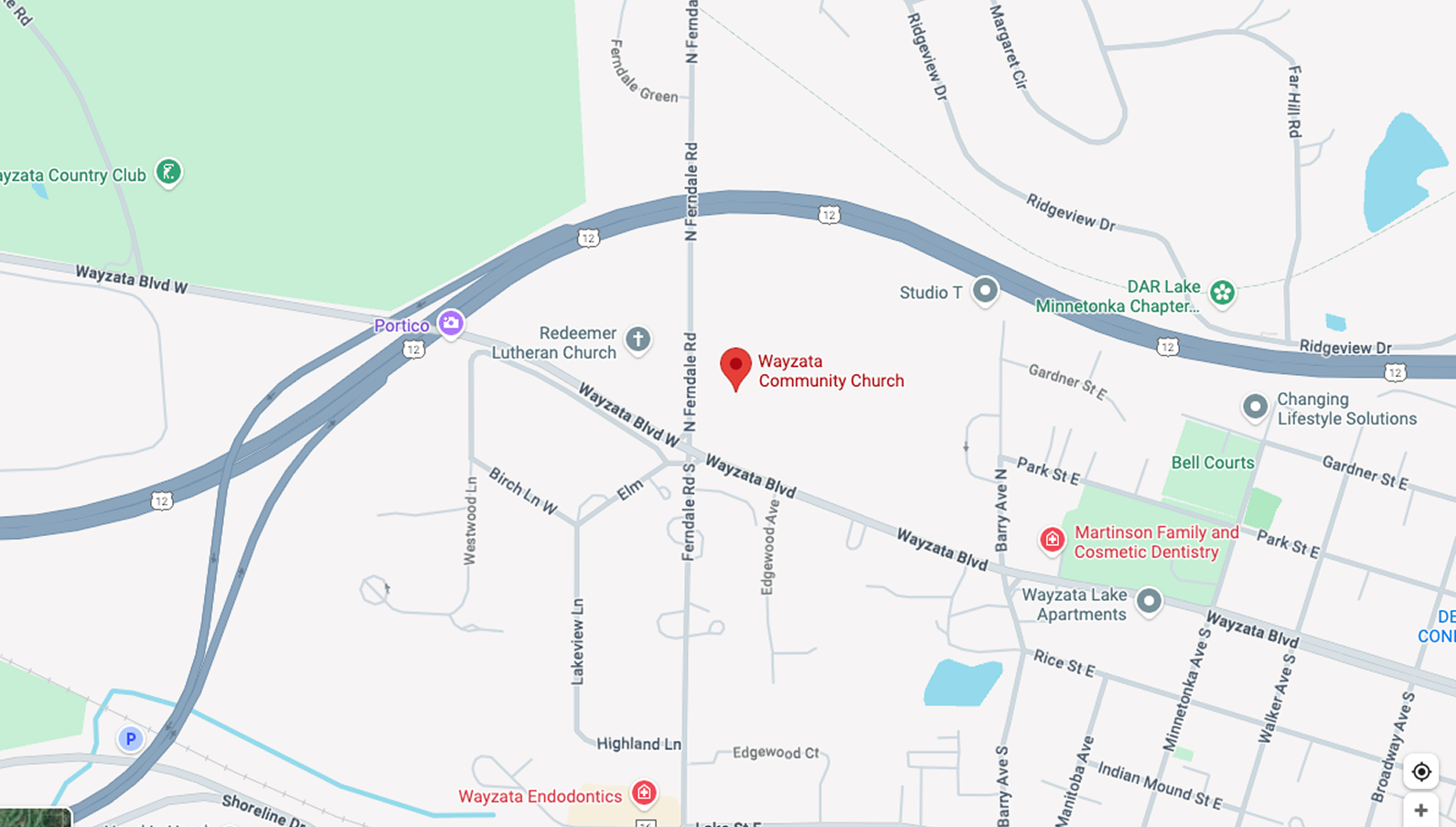 Map showing Wayzata Community Church near the intersection of Wayzata Blvd W and N Ferndale Rd with nearby landmarks including Redeemer Lutheran Church, Martinson Family and Cosmetic Dentistry, and Wayzata Endodontics.