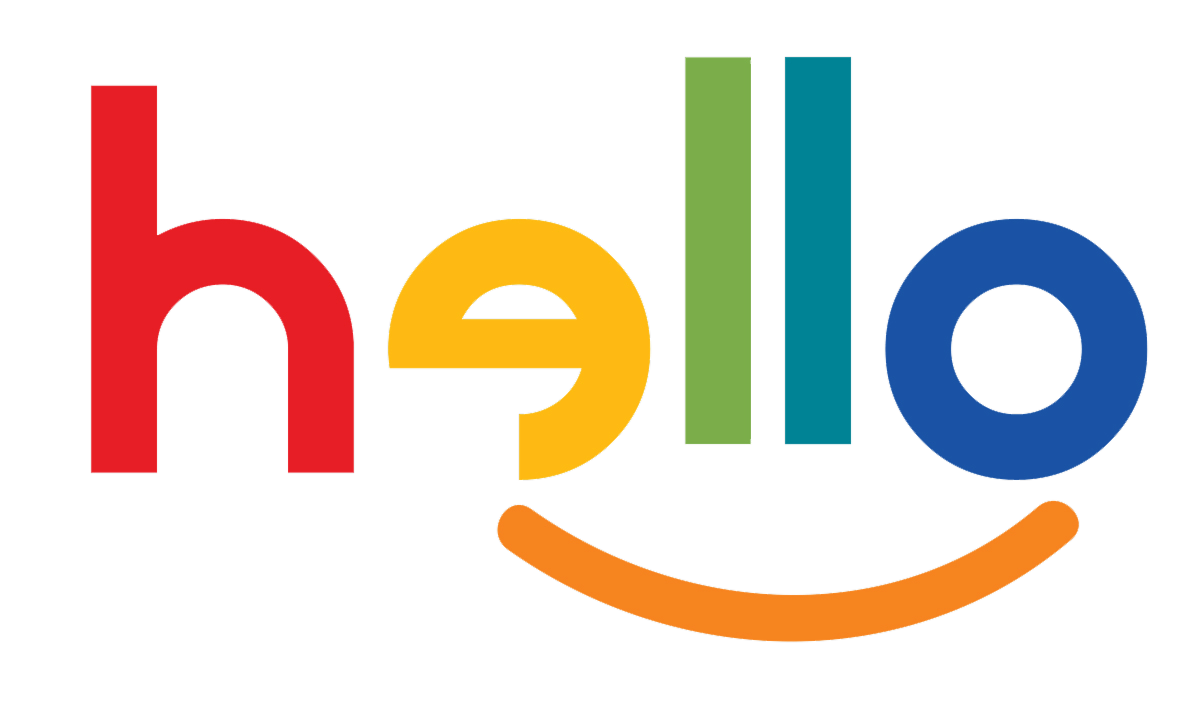 The word 'hello' in colorful letters with an orange curved line below resembling a smile.
