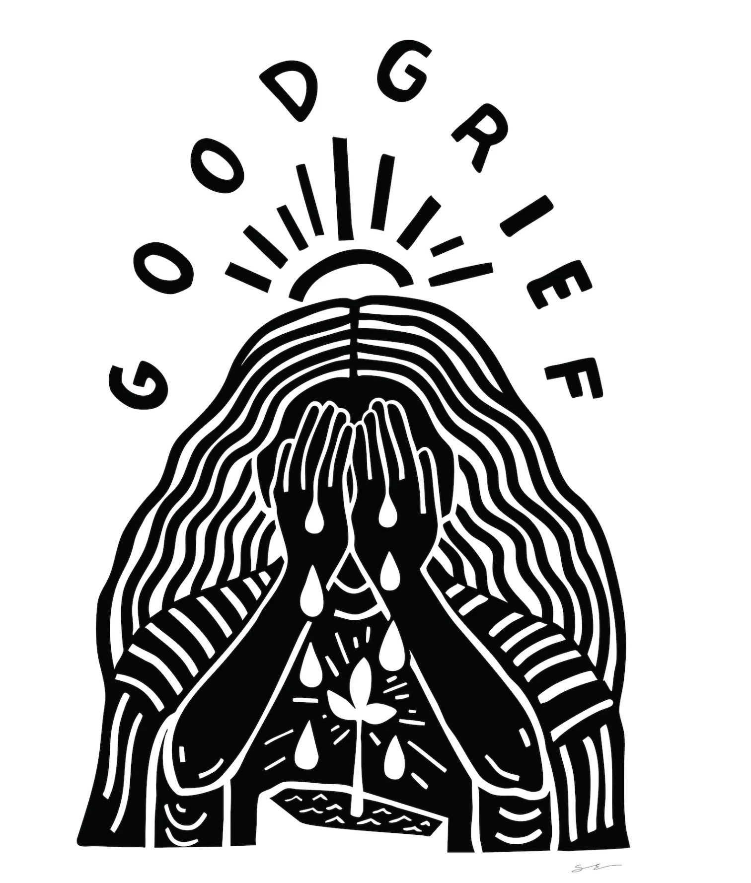Black and white illustration of a person with long hair covering their face with hands, tears falling, and a small plant growing in front of them, with the text 'GOOD GRIEF' above.