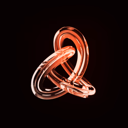 Glossy metallic knot with interconnected looping rings on a dark starry background.
