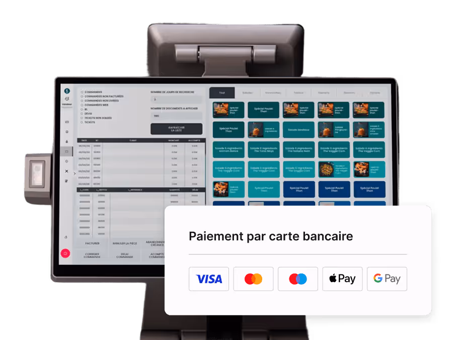 Écran de terminal de point de vente affichant un menu de commandes et une fenêtre de paiement par carte bancaire avec options Visa, Mastercard, Apple Pay et Google Pay.