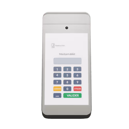 Terminal de paiement avec écran affichant un pavé numérique et des boutons pour saisir un montant de débit.