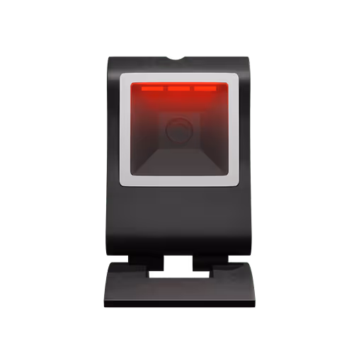 Scanneur de codes-barres noir avec lumière rouge allumée.