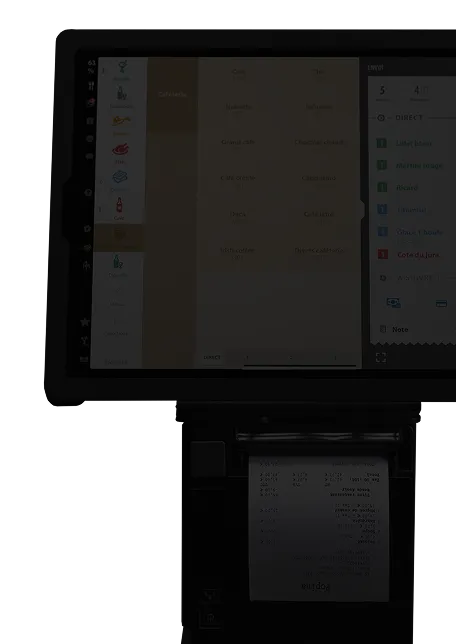 Écran de caisse tactile affichant un menu de café, avec une imprimante thermique en dessous imprimant un reçu.