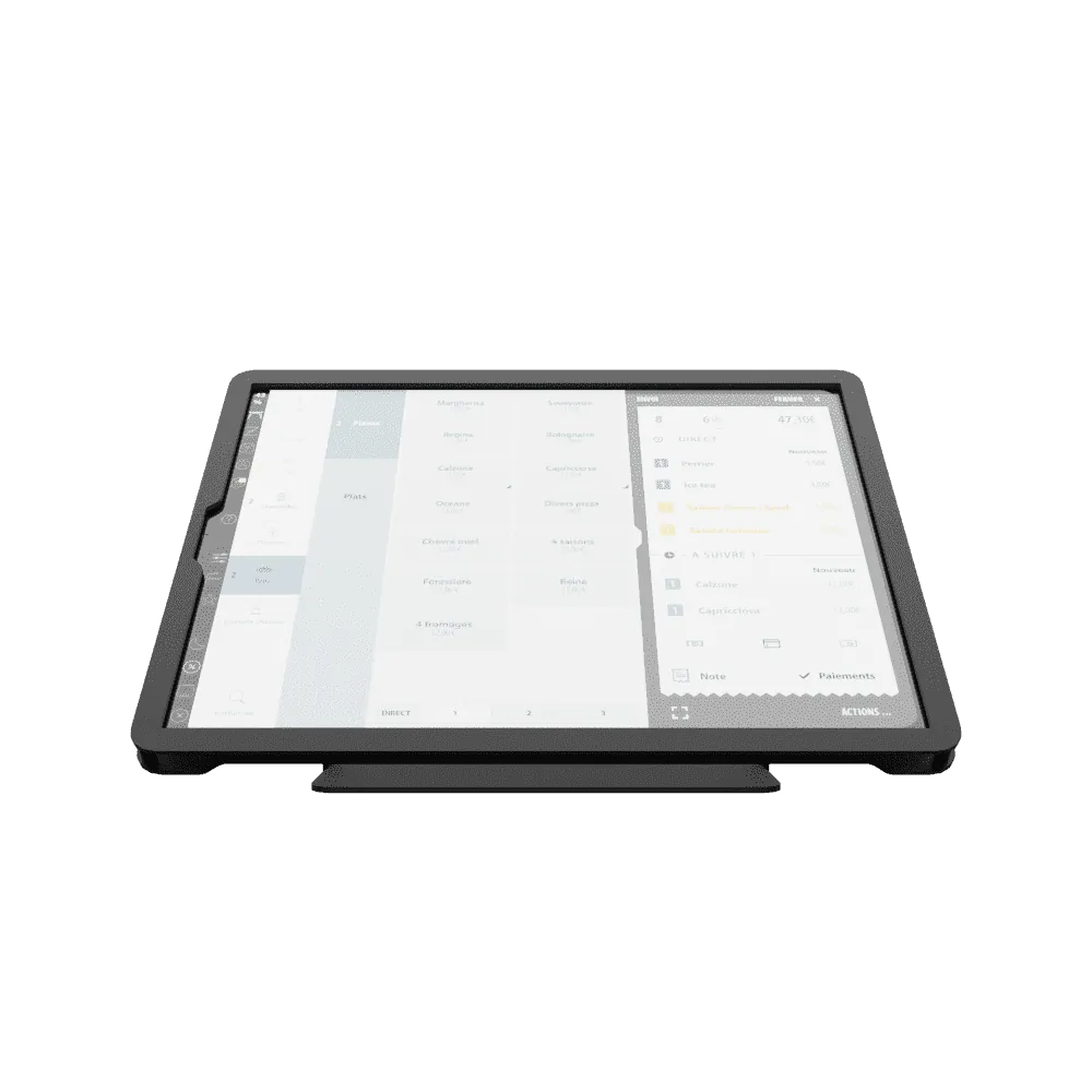 Tablette posée à plat avec une interface logicielle affichant un menu et des options de paiement.