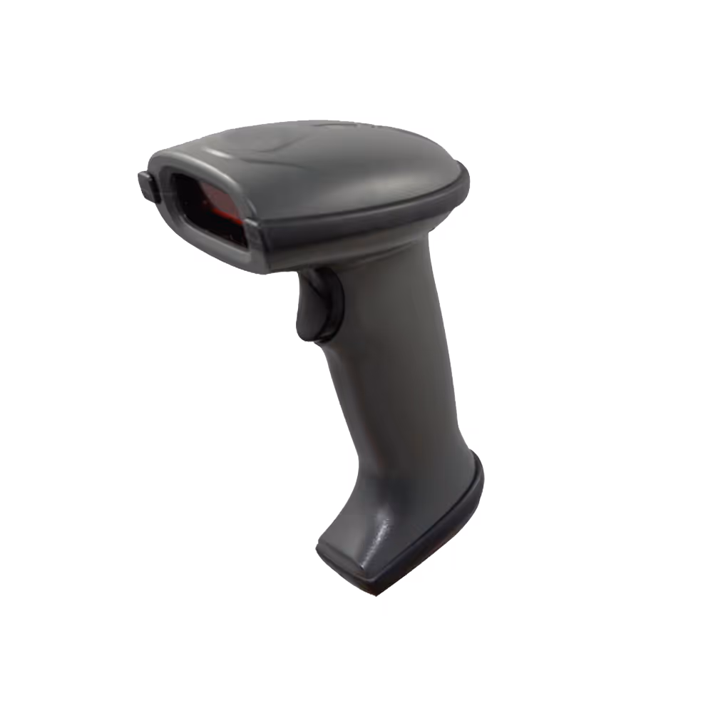 Lecteur de codes-barres noir avec poignée ergonomique et déclencheur.