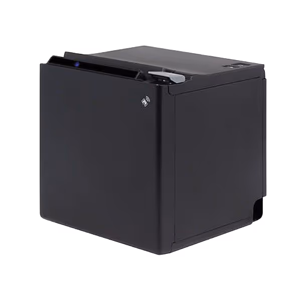 Imprimante thermique compacte noire vue en angle.