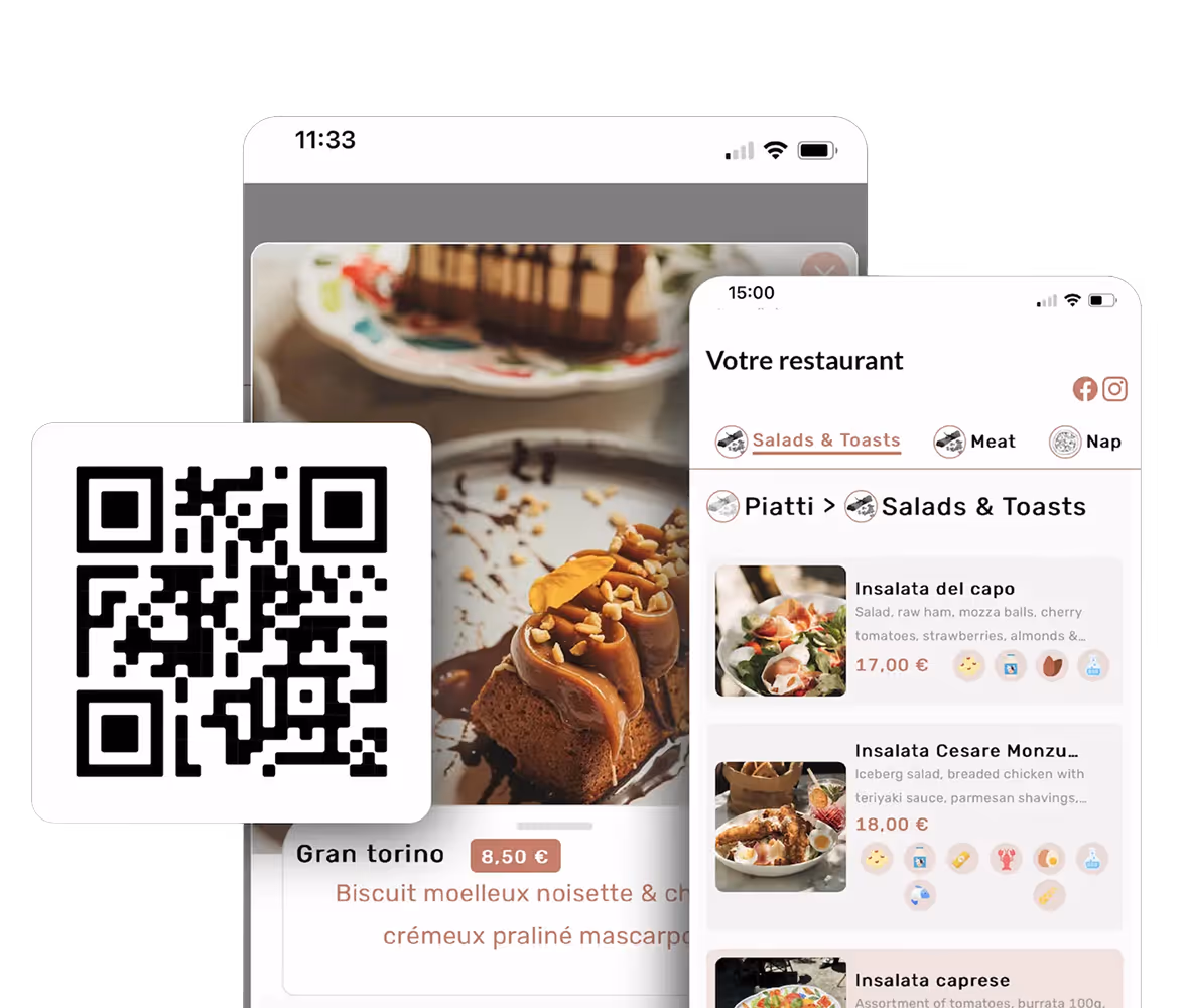 qr code et smartphone montrant les fonctionnalités d'un menu digital dans un restaurant