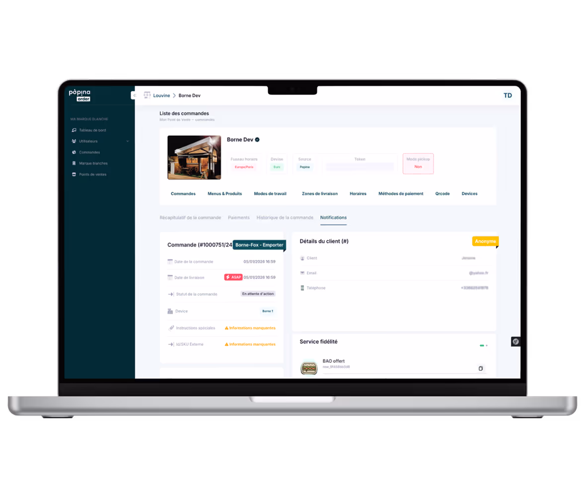 écran de suivi des commandes clients via menu digital sur QR Code