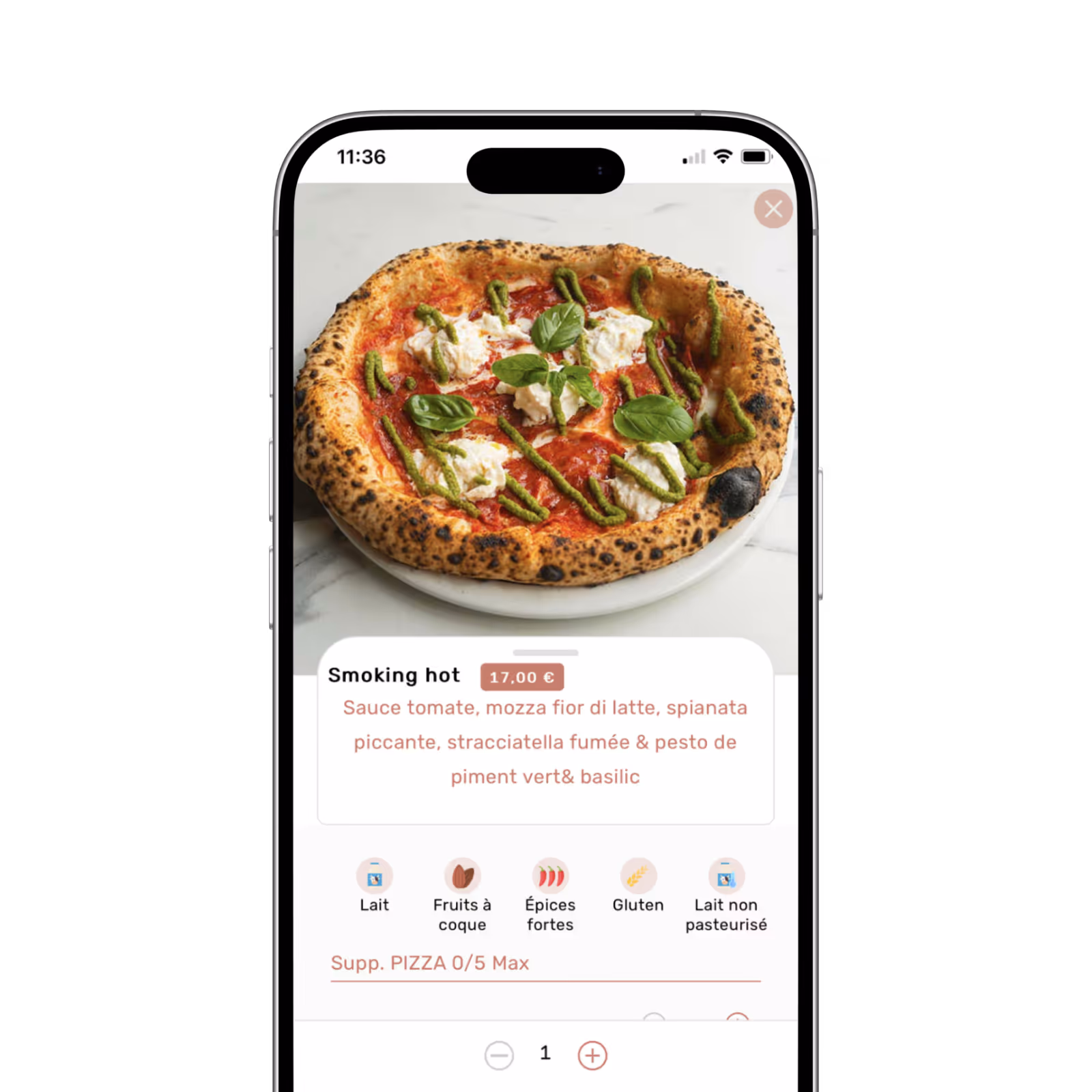 menu digital sur smartphone indiquant les allergènes d'un plat d'un restaurant