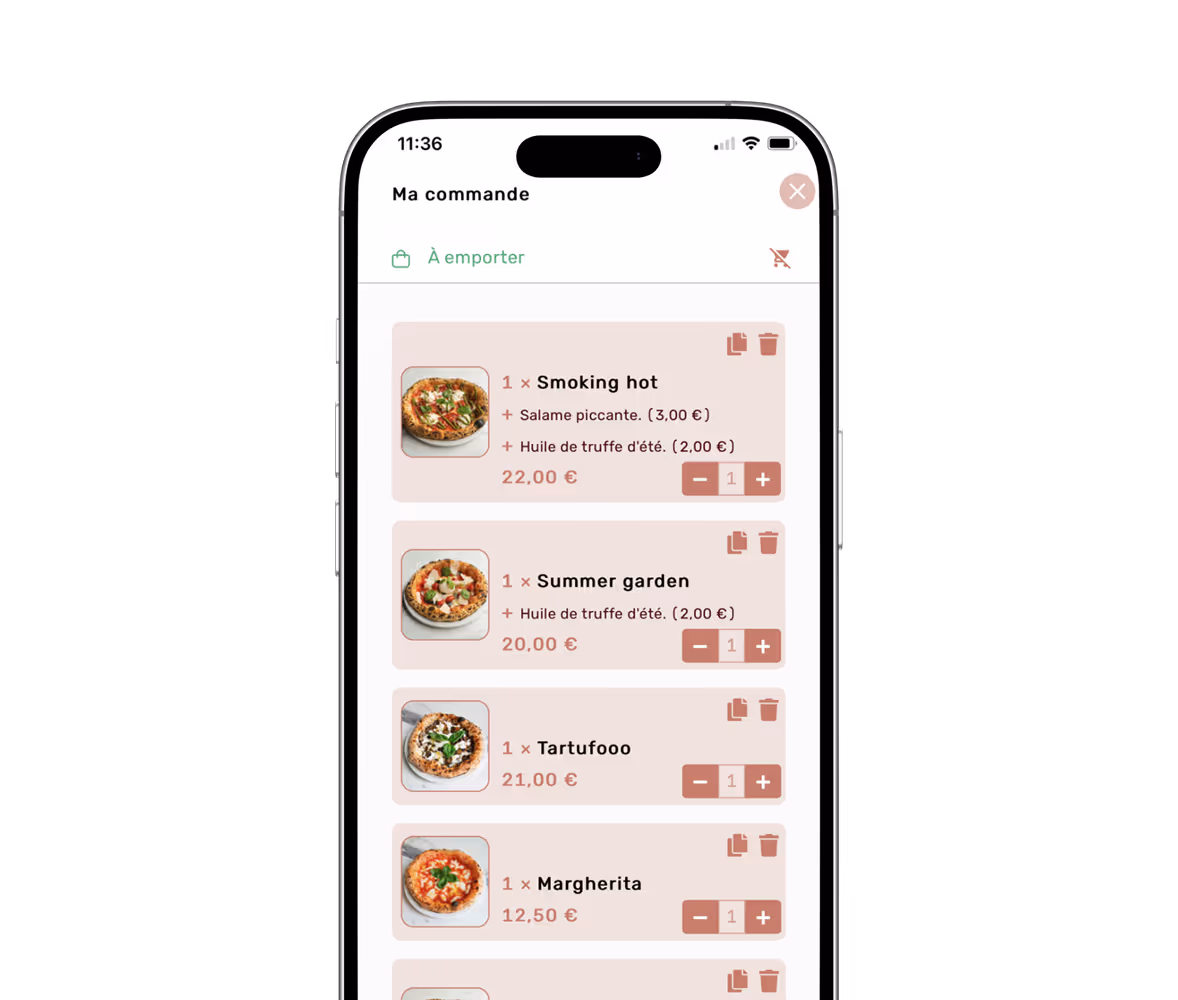 menu digital sur smartphone avec suggestion d'upsell et récapitulatif commande