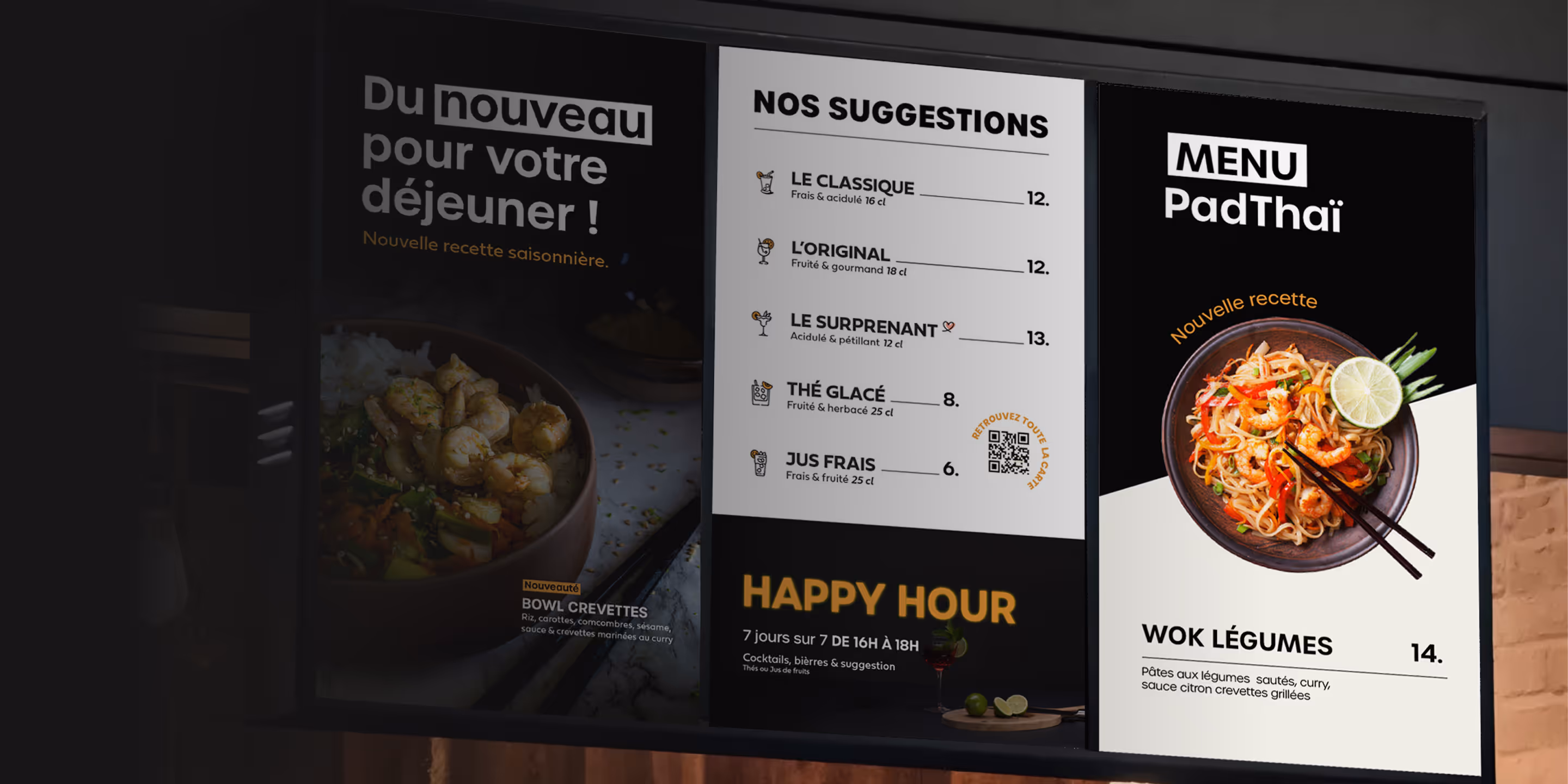 Écran d'affichage dynamique de restaurant avec menu et suggestions, incluant une nouvelle recette de bowl crevettes et un plat Pad Thaï wok légumes.
