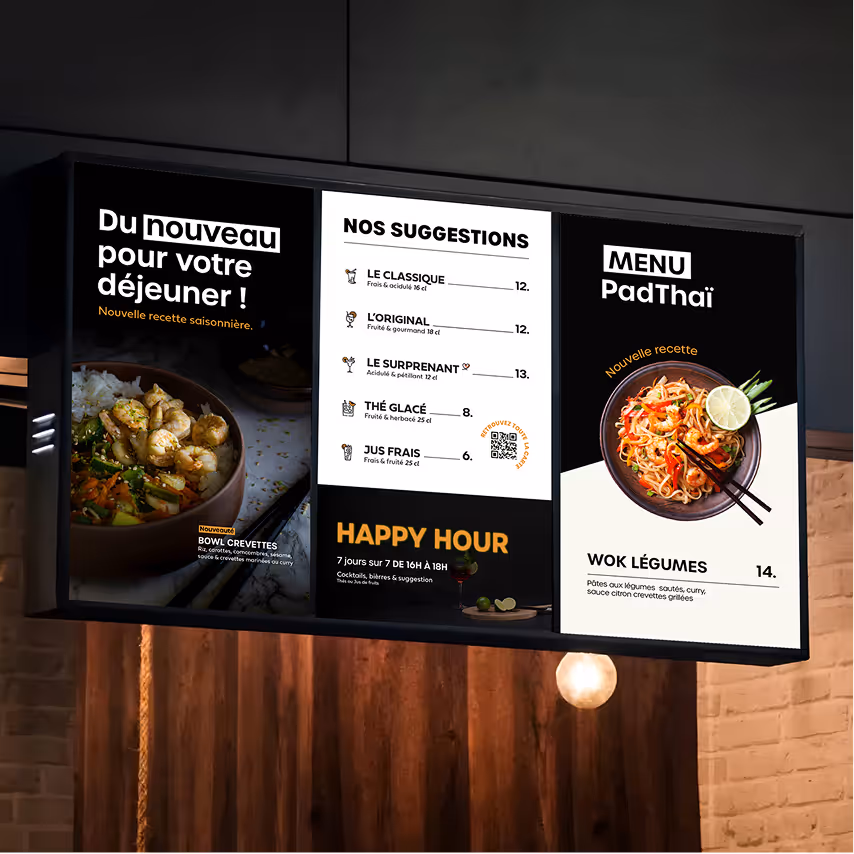 mise en situation de 3 écrans d'affichage dynamique pour faire la promotion de la carte dans un restaurant